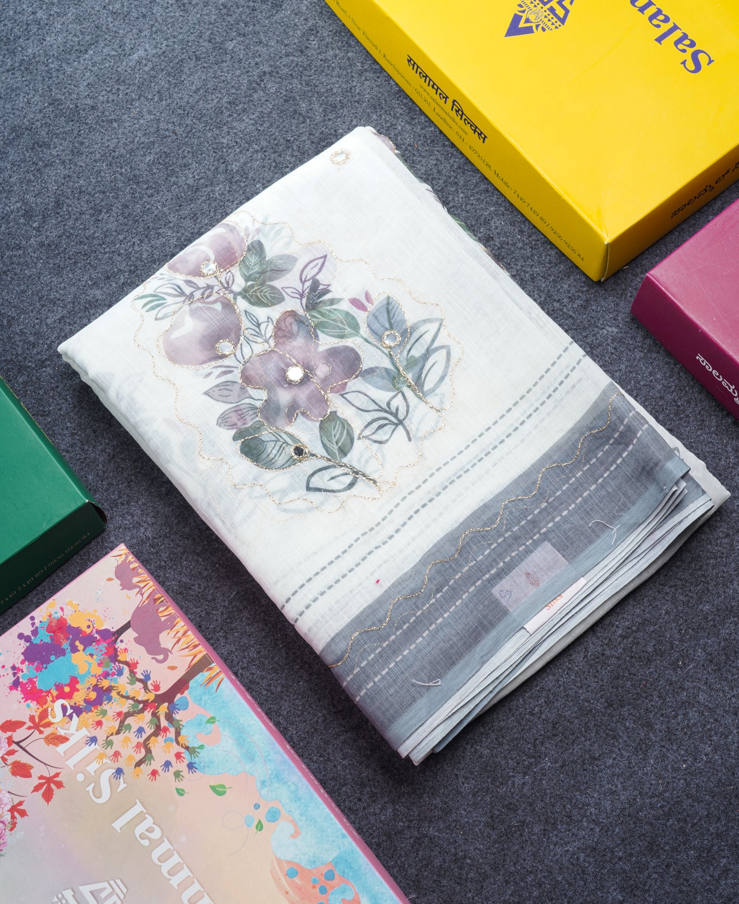 Beautiful White Mirror Work Linen Mix Saree With Contrast Brown Embroidery Zari Border