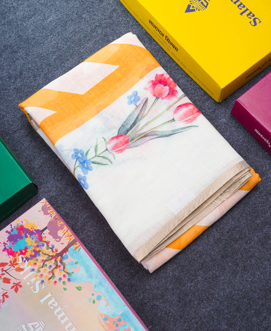 Beautiful Half White (Mustard Yellow) Linen Mix Saree With Floral Print Small Ribbon Border