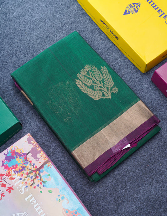 Beautiful Bottle Green SICO Cotton Saree With Contrast Dark Magenta Blouse