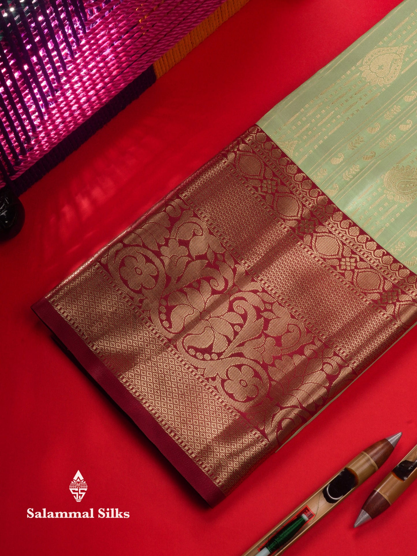 Semi Silk Pattu Pavadai (Pista Green) With Maroon Blouse 45 "