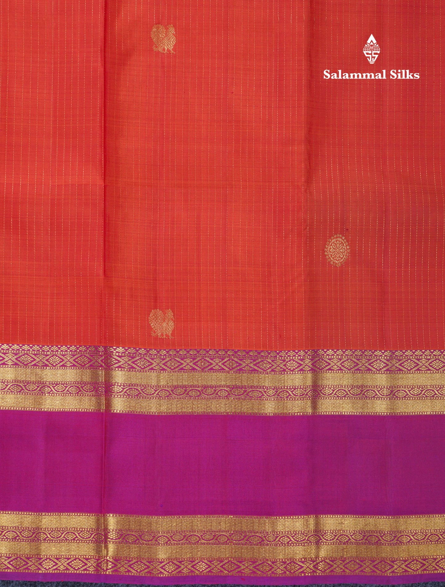 Rust Orange Vaira Oosi With Butta Pure Kanjivaram Silk Saree With Contrast Purple Evening Morning Border