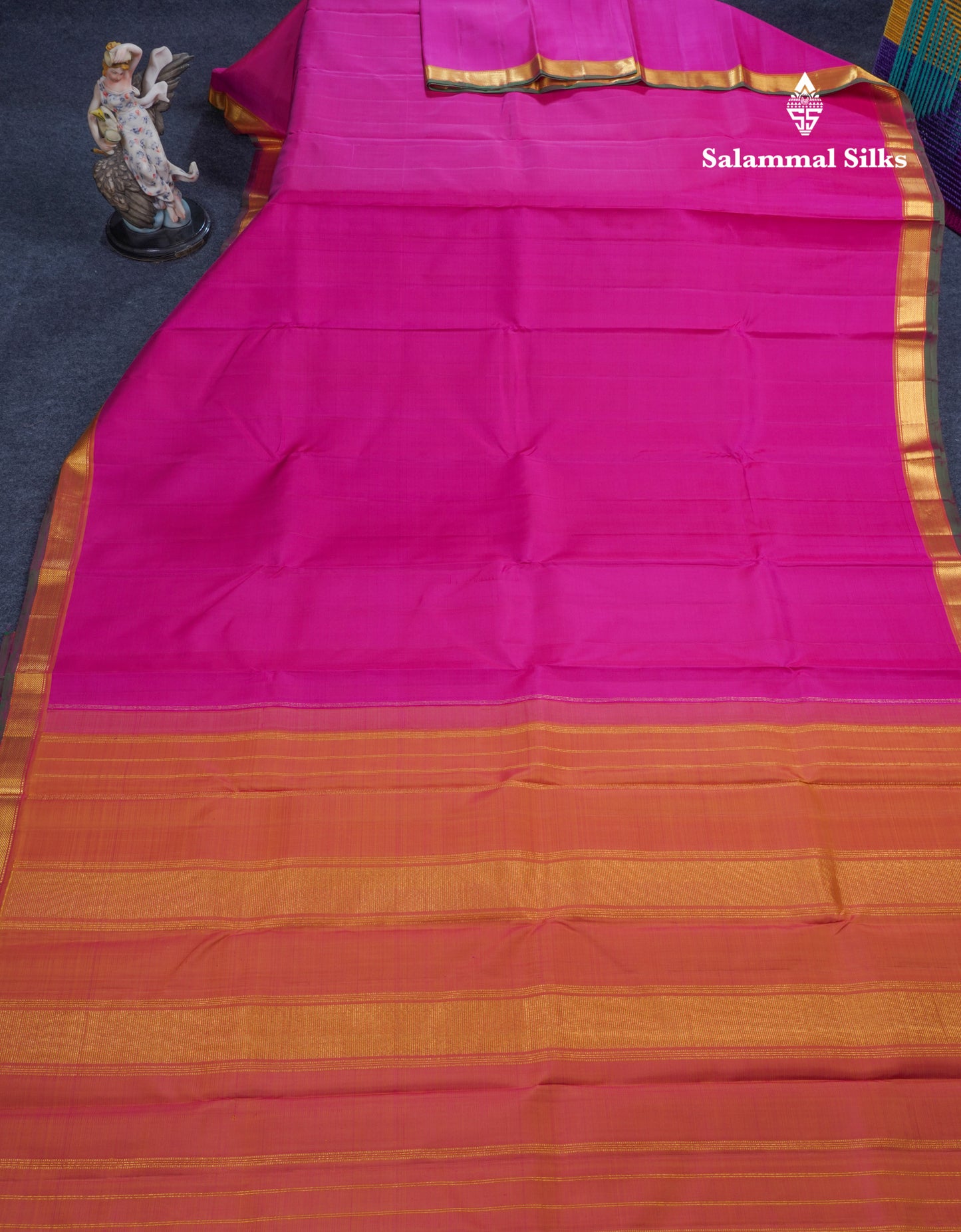 Magenta Pink Plain Pure Kanjivaram Silk Saree With Contrast Mustard Yellow Small Border