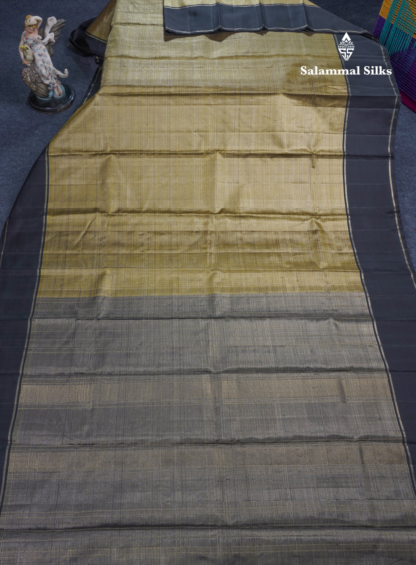 Olive Green Tissue Pure Kanjivaram Silk Saree With Contrast Black Rettapet Border
