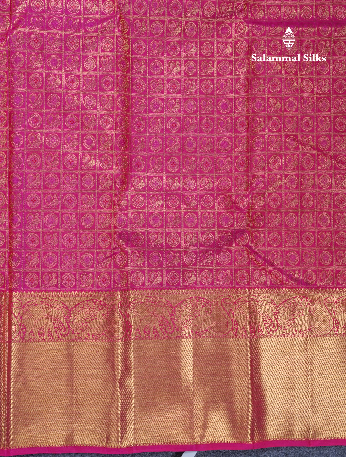 Magenta Pink Checks With Traditional Butta Pure Kanjivaram Silk Saree with Long Border
