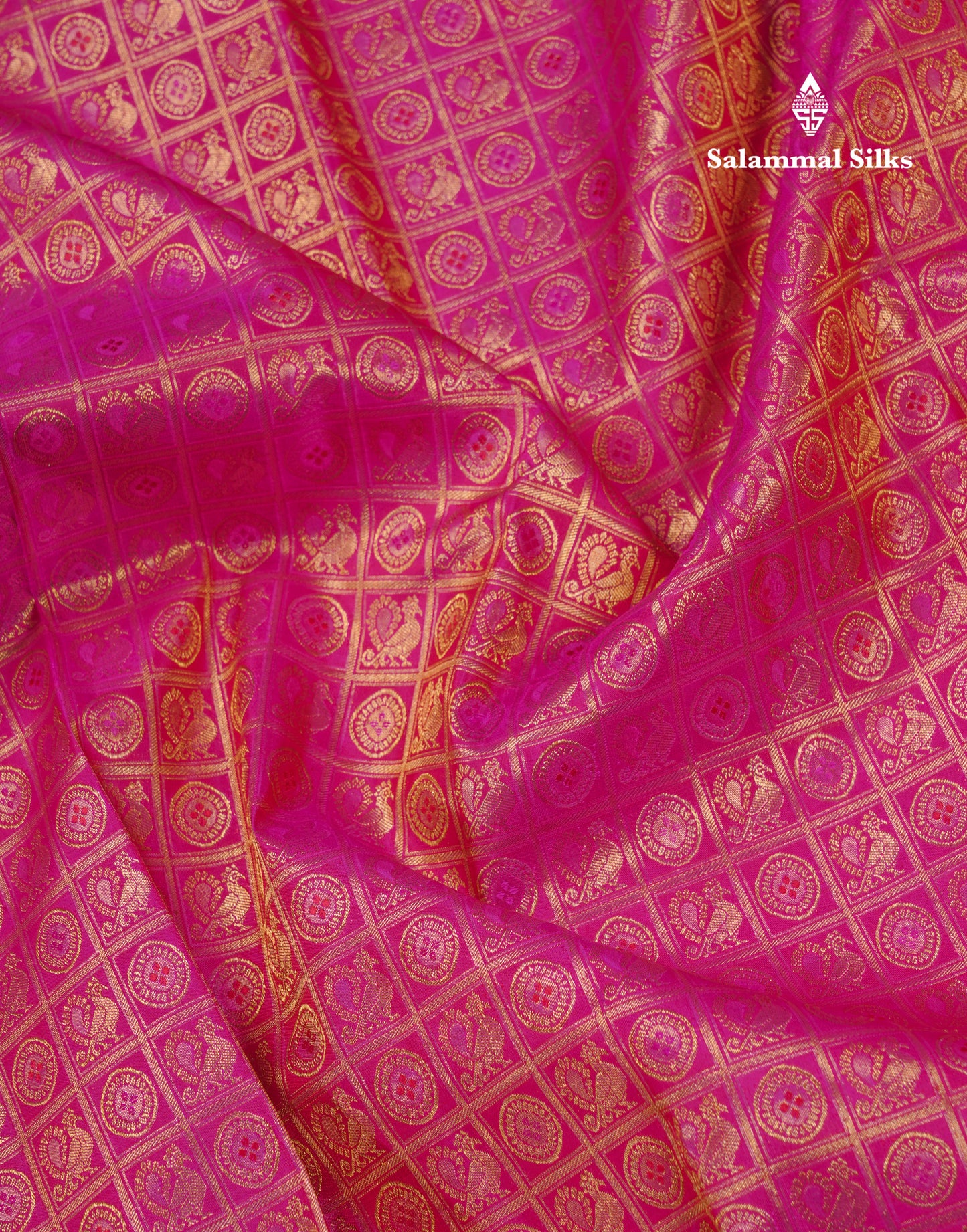 Magenta Pink Checks With Traditional Butta Pure Kanjivaram Silk Saree with Long Border