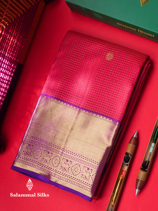 Kanjivaram Reddish Pink Pure Silk Saree With Contrast Violet Traditional Border