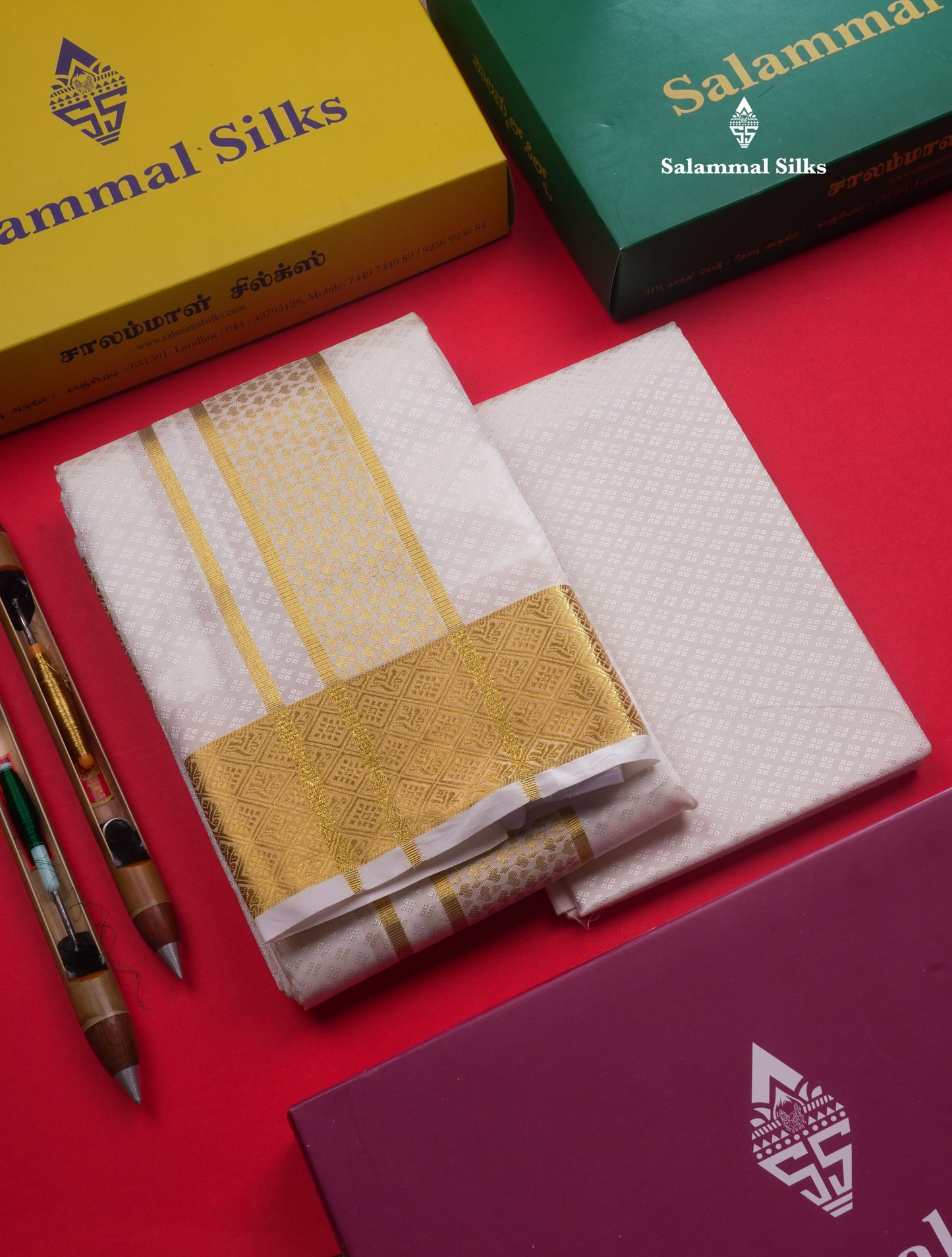 White Semi Silk Dhoti, Angavastram & Shirt (2.50M) with Gold Zari Border