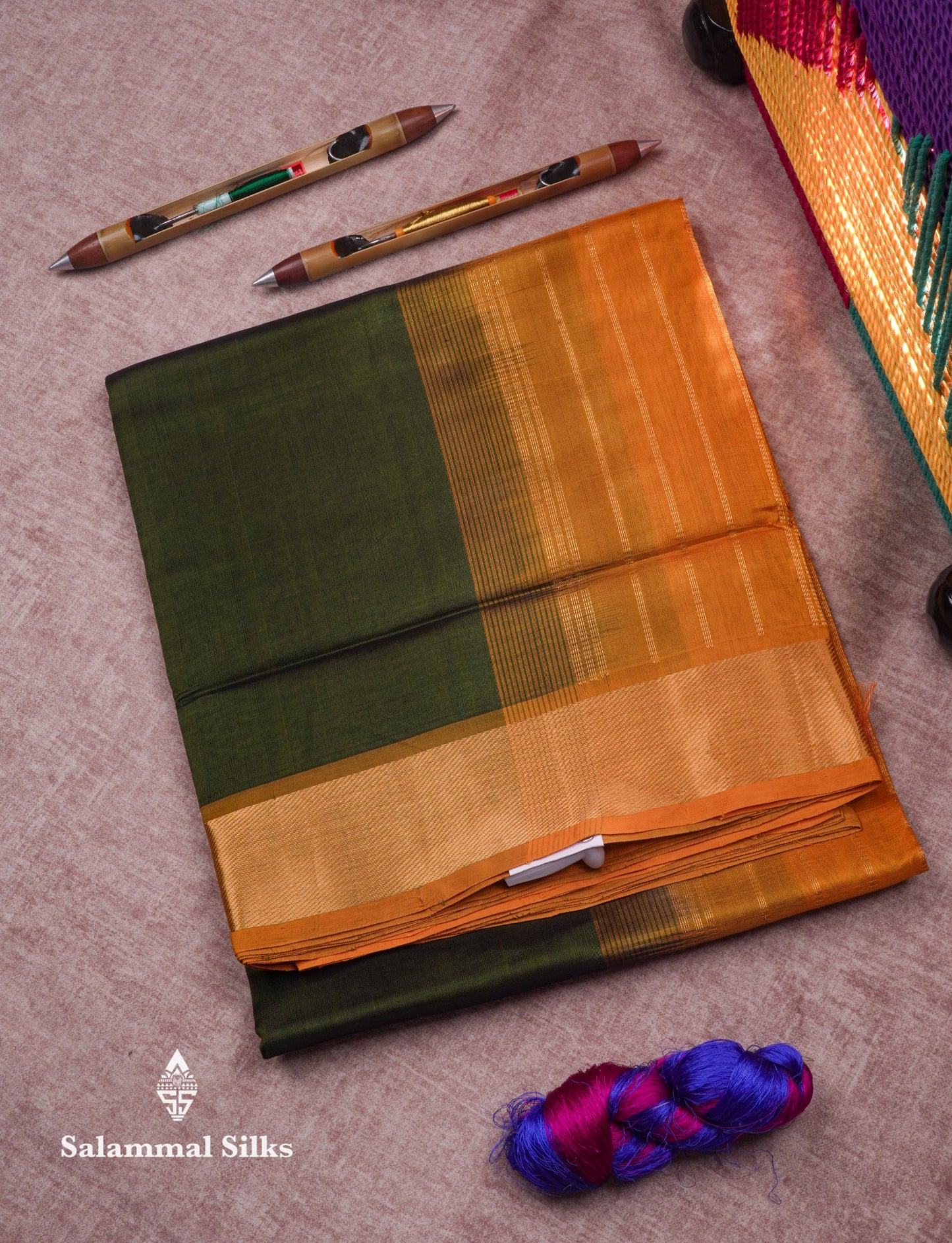 Army Green Plain Pure Silk Cotton Saree With Contrast Mustard Yellow Border