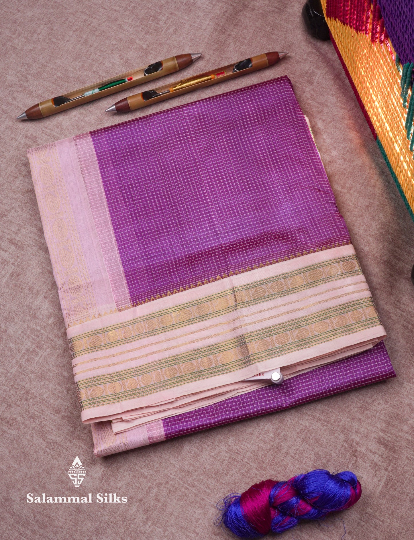 Pastel Violet Tiny Checks Pure Silk Cotton Saree With Contrast Light Pink Traditional Border