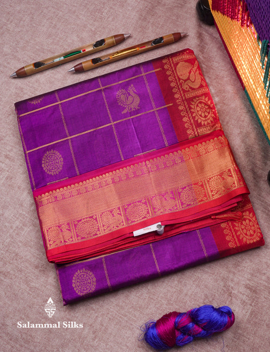 Beautiful Violet Mayil Chakram Pure Silk Cotton Saree With Traditional Border