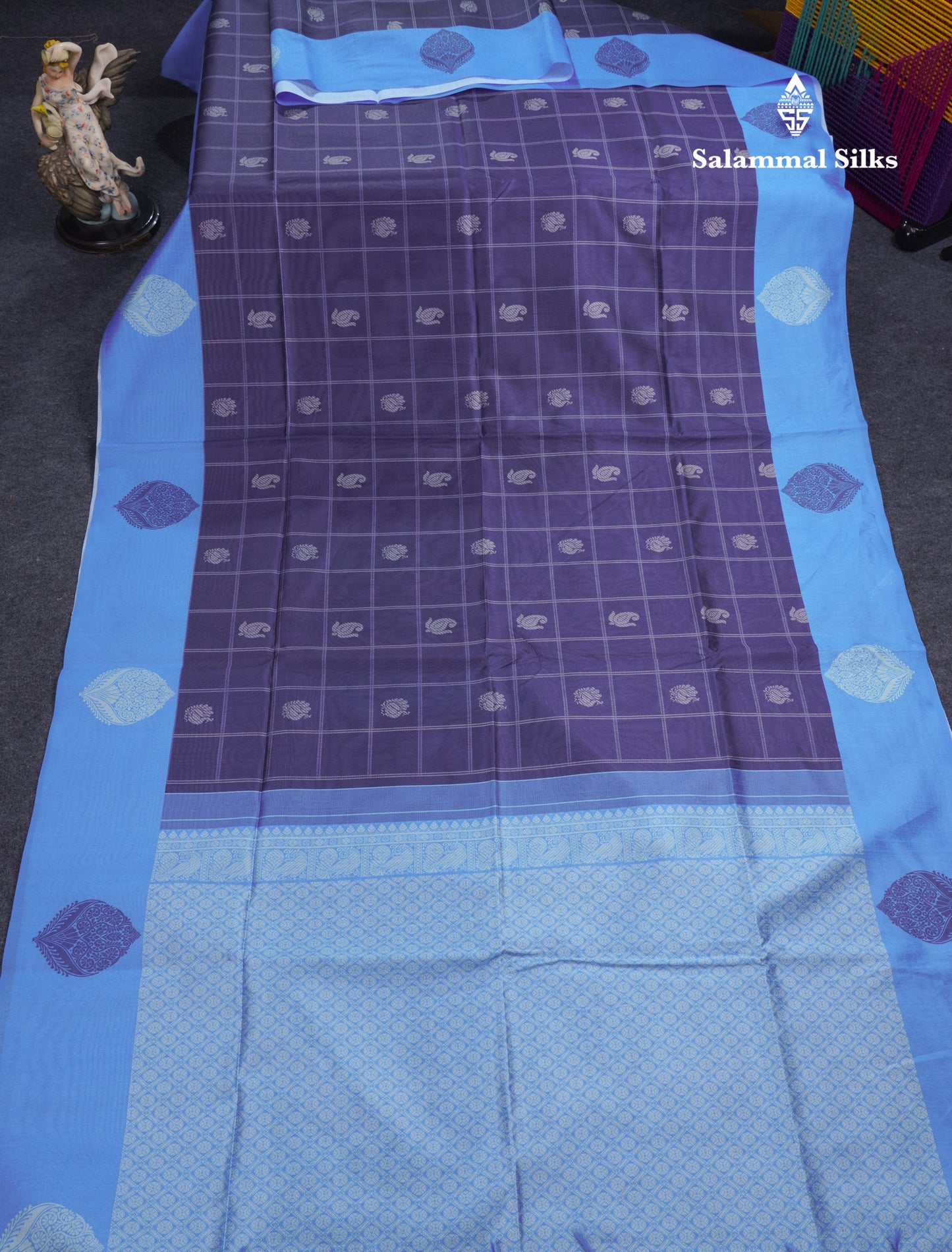 Rama Blue Checks With Butta Semi Tussar Saree With Contrast Sky Blue Fancy Border