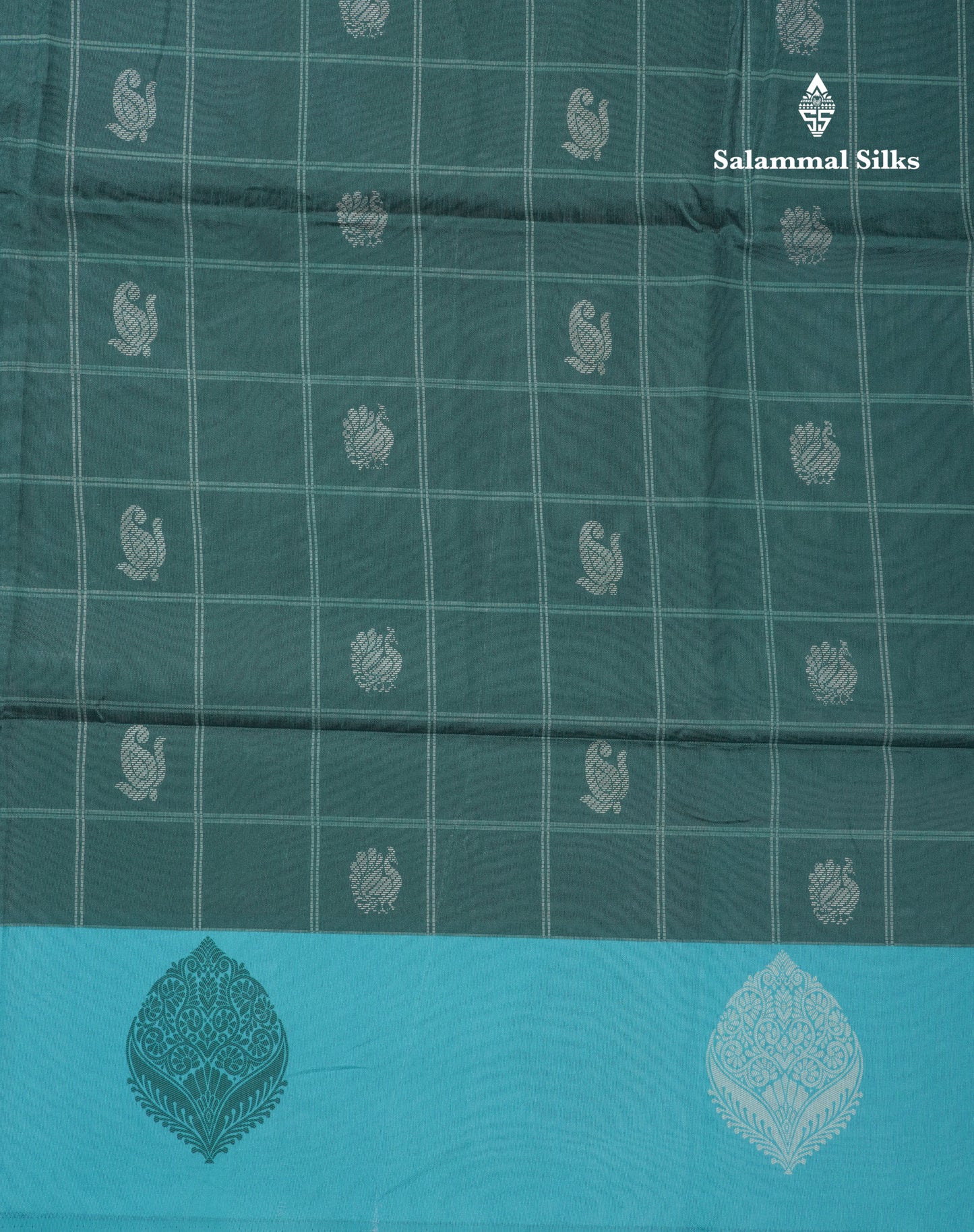 Rama Blue Checks With Butta Semi Tussar Saree With Contrast Sky Blue Fancy Border