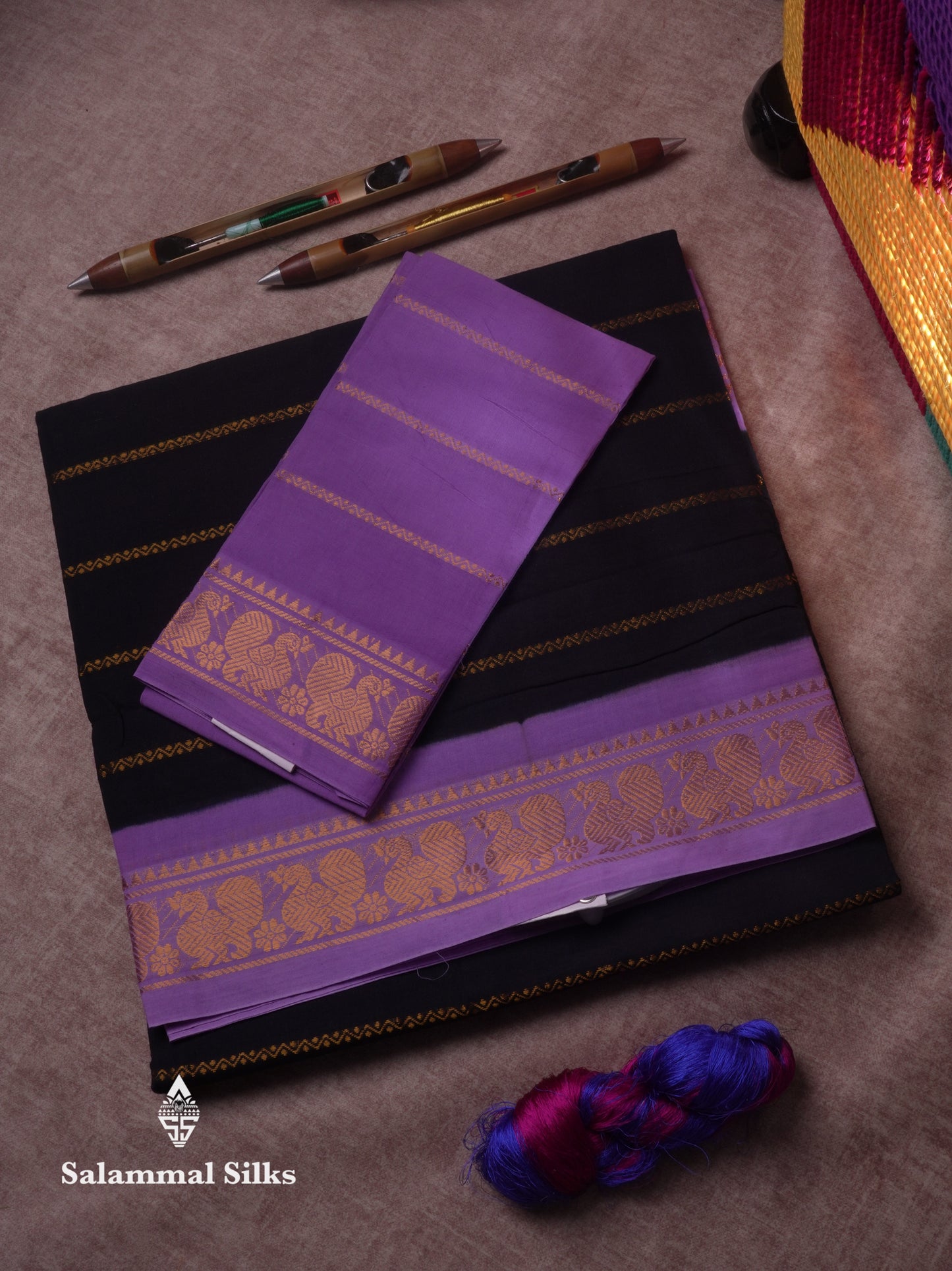 Beautiful Black Pure Sungudi Cotton Saree With Contrast Lavender Border