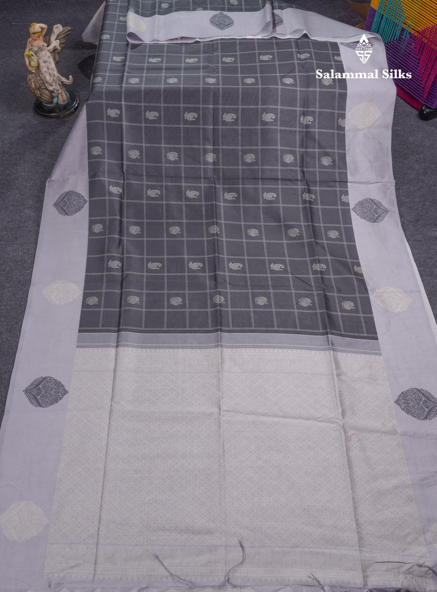 Rama Blue Checks With Butta Semi Tussar Saree With Contrast Sky Blue Fancy Border