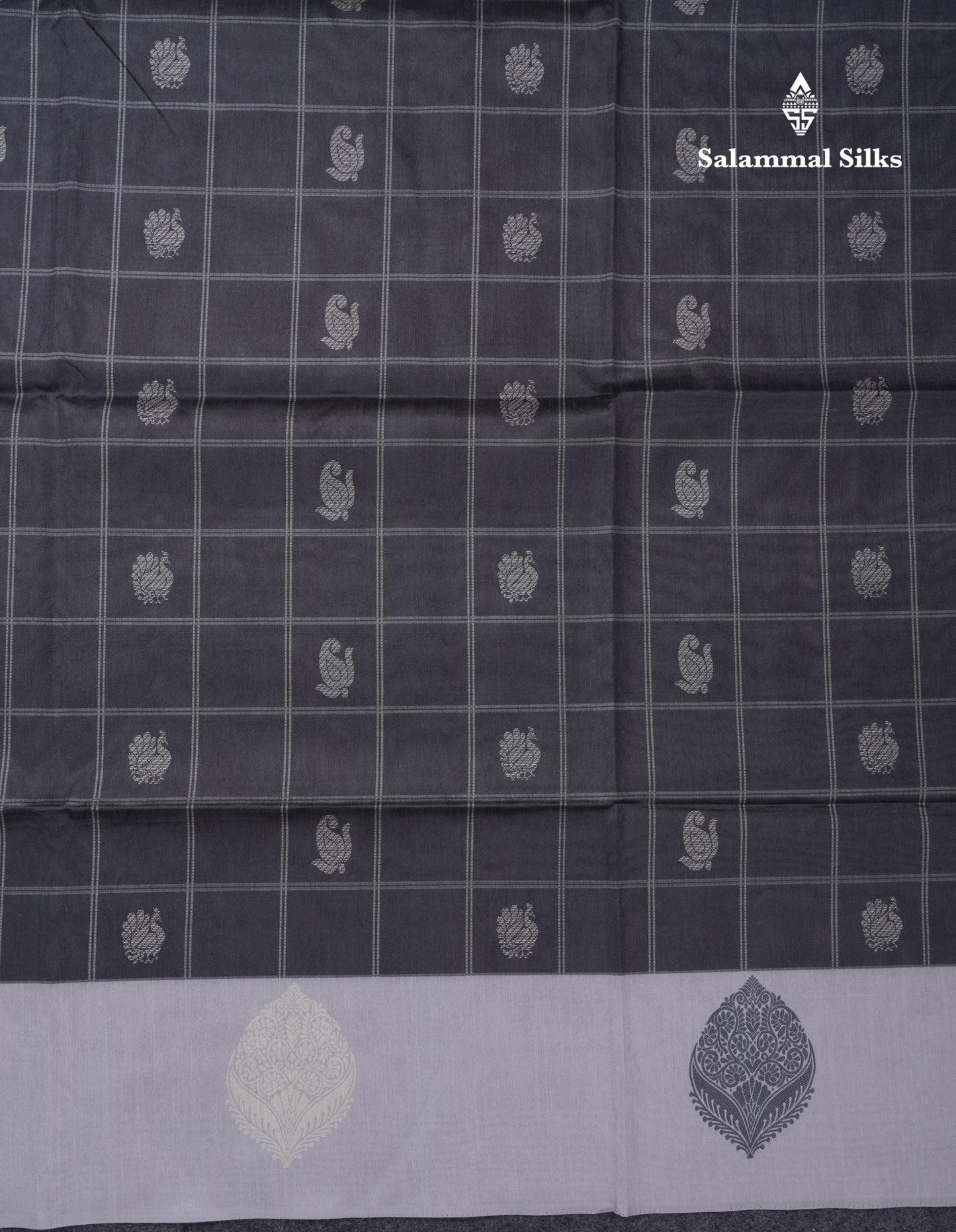 Rama Blue Checks With Butta Semi Tussar Saree With Contrast Sky Blue Fancy Border