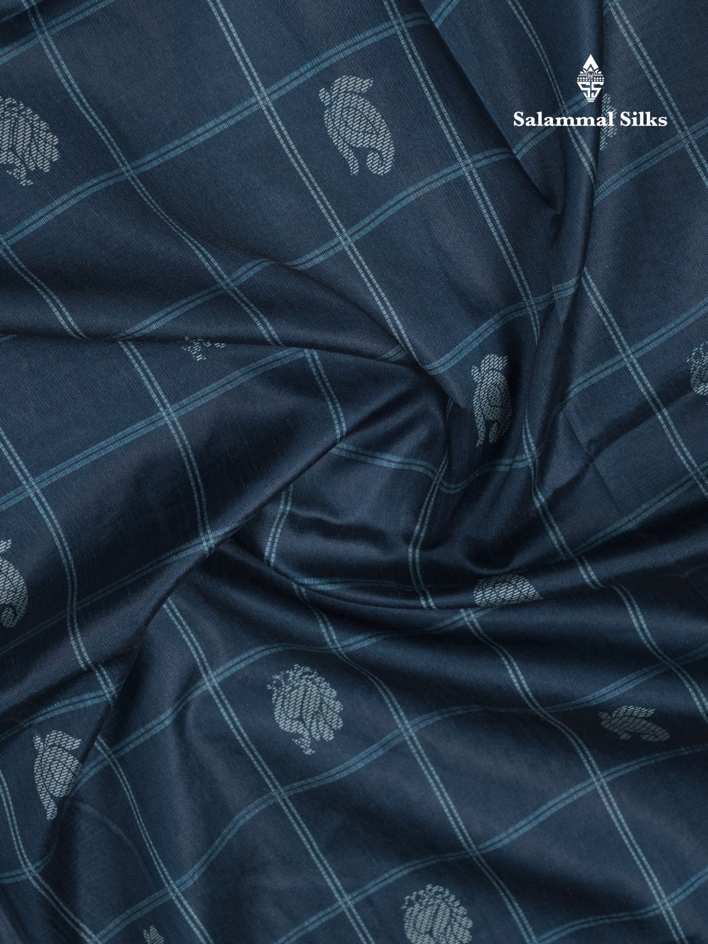 Rama Blue Checks With Butta Semi Tussar Saree With Contrast Sky Blue Fancy Border