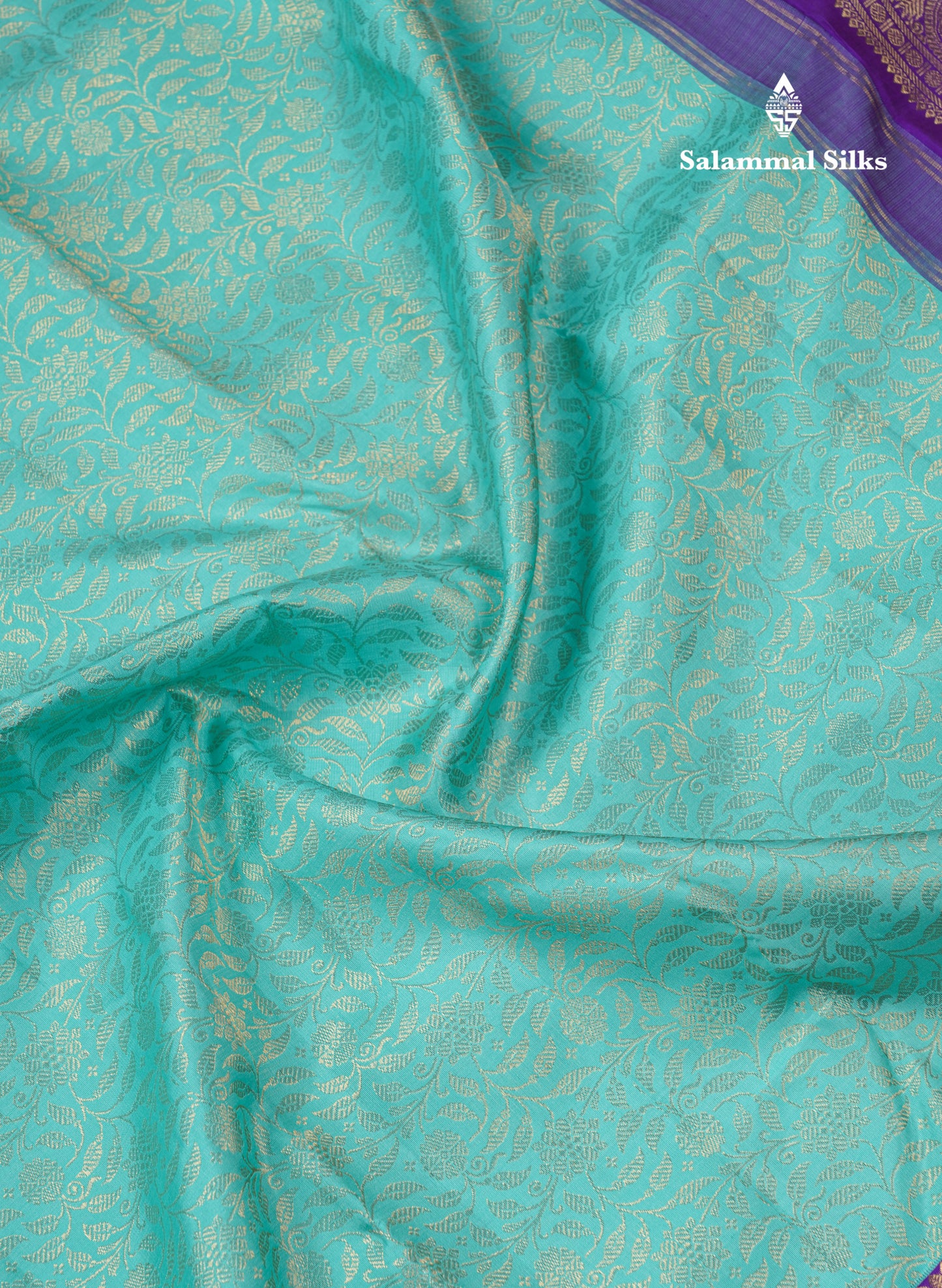 Korvai Sea Green Pure Kanjivaram Silk Saree 3G Zari with Contrast Violet Long Border