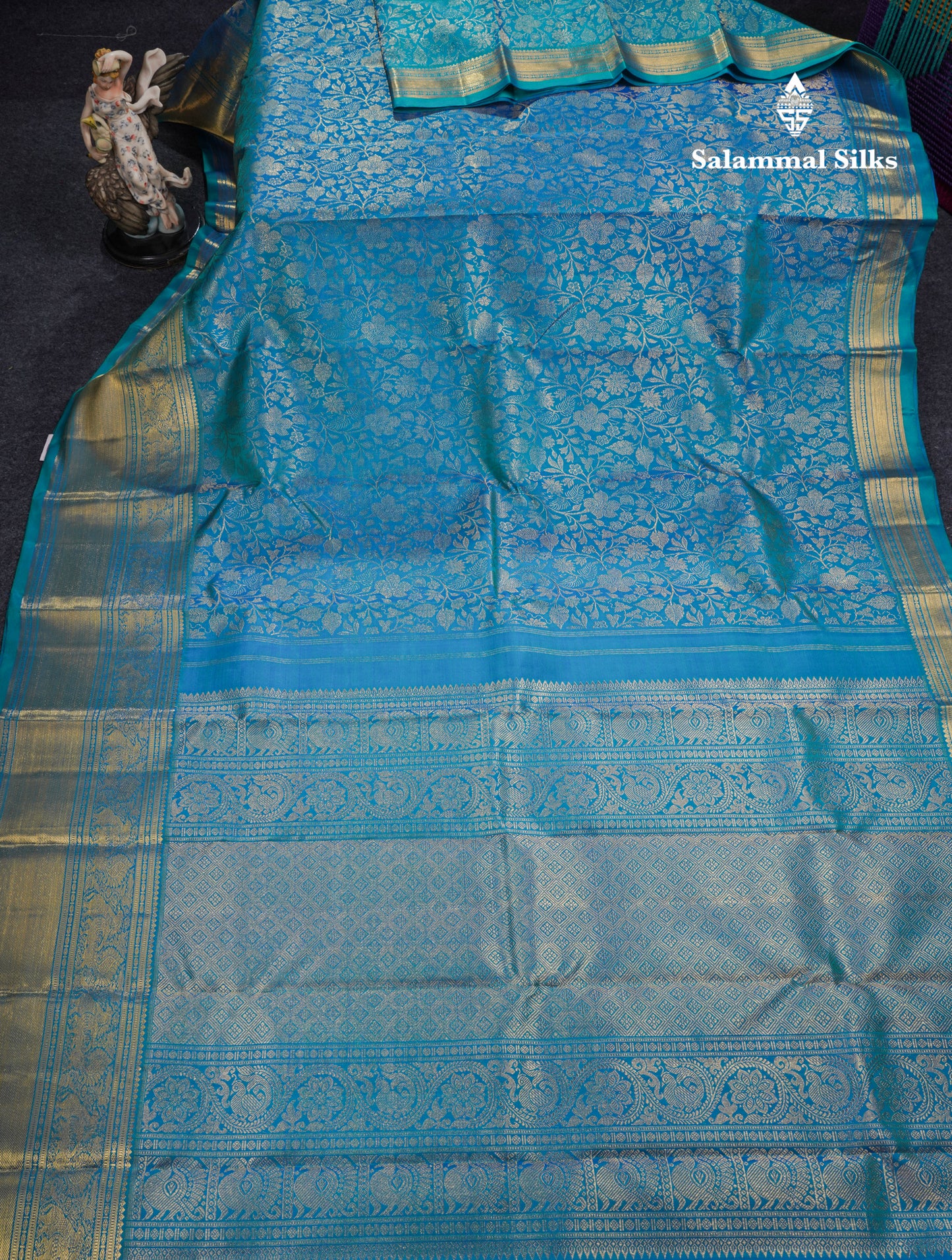 Peacock Blue Pure Kanjivaram Silk Saree (2G) Zari With Traditional Gold Zari Border