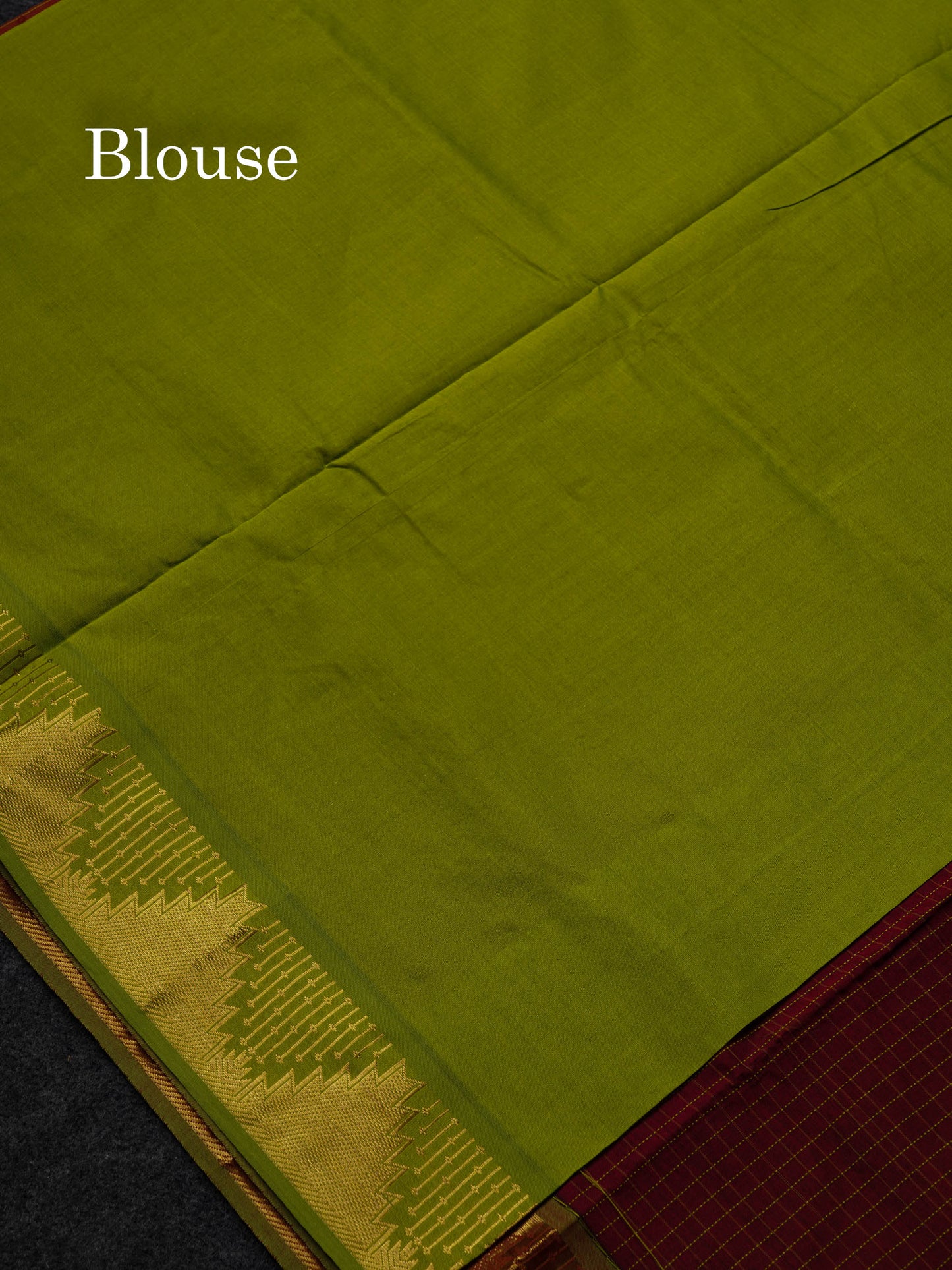 Beautiful Dark Maroon Small Checks Semi Silk Cotton Saree With Contrast Parrot Green Blouse