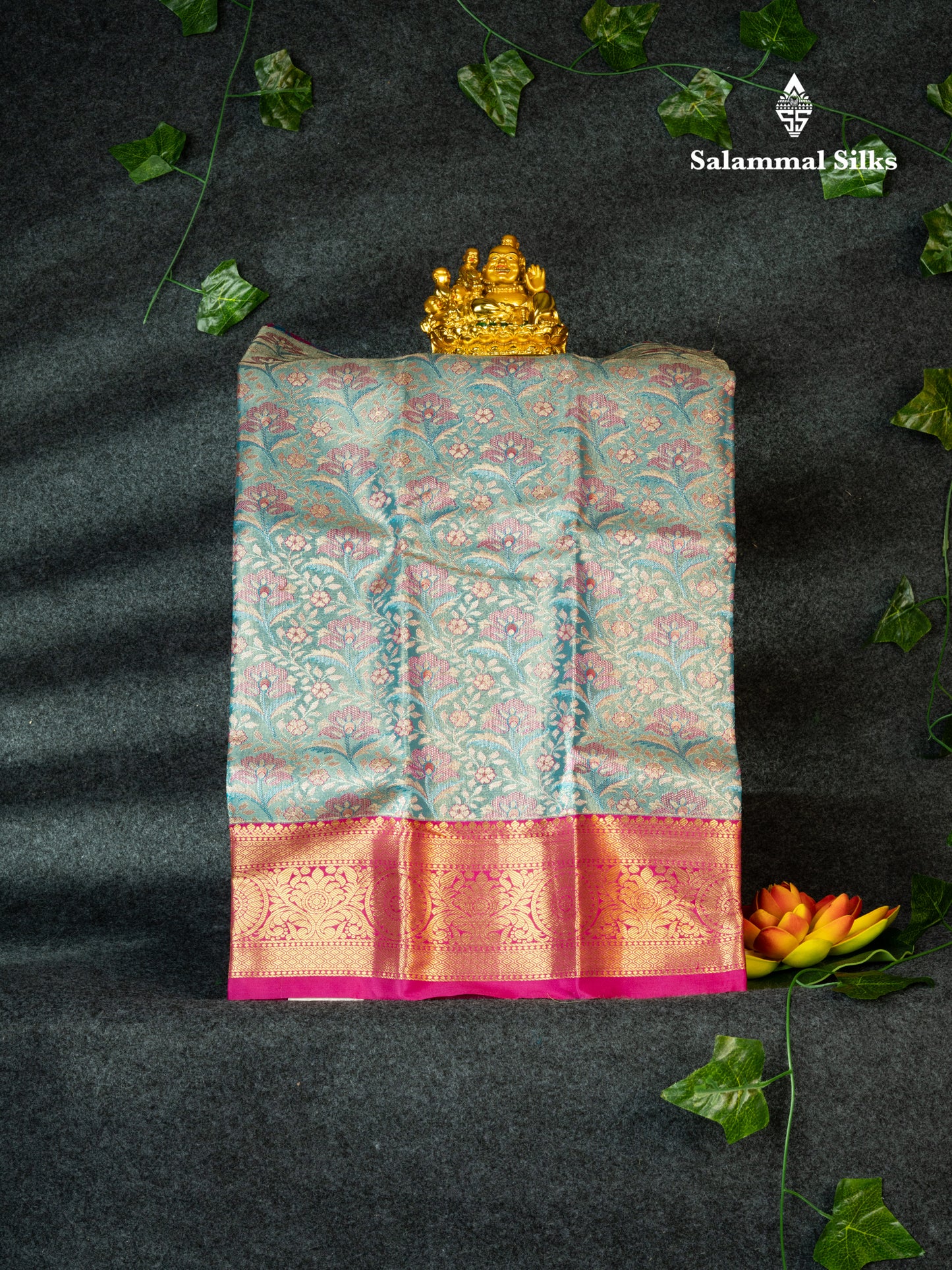 Semi Pattu Pavadai Tissue ( Sea Blue ) With Pink Blouse 18"