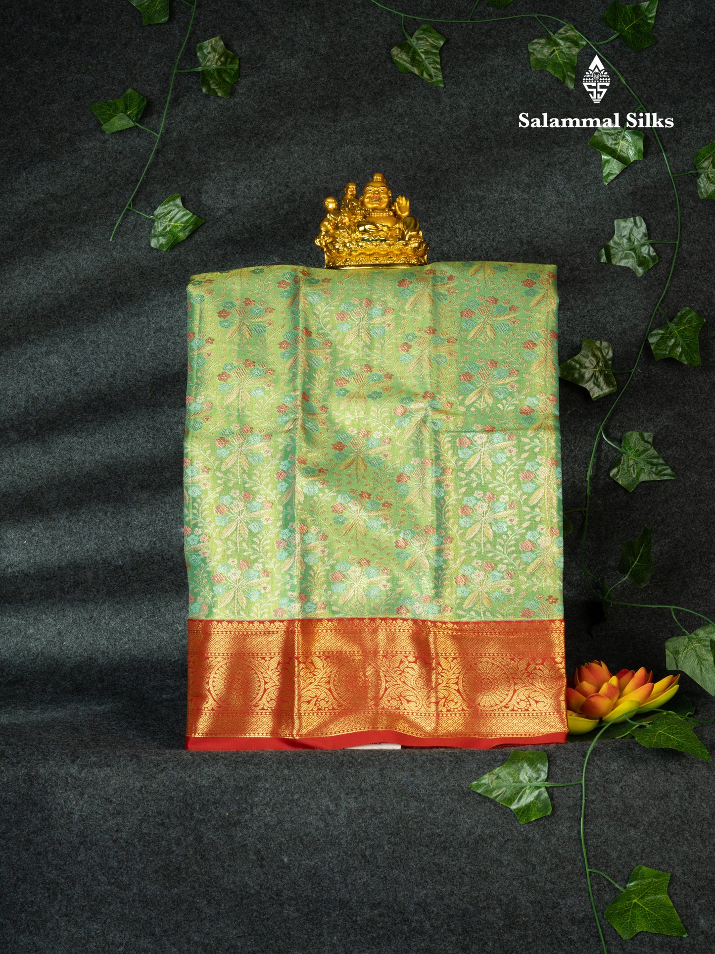 Semi Pattu Pavadai Tissue ( Parrot Green ) With Red Blouse 18"