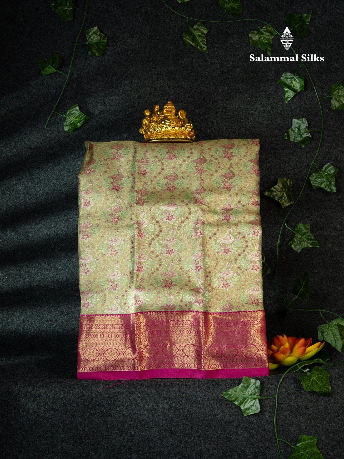 Semi Pattu Pavadai Tissue ( Light Green ) With Magenta Pink Blouse 18"