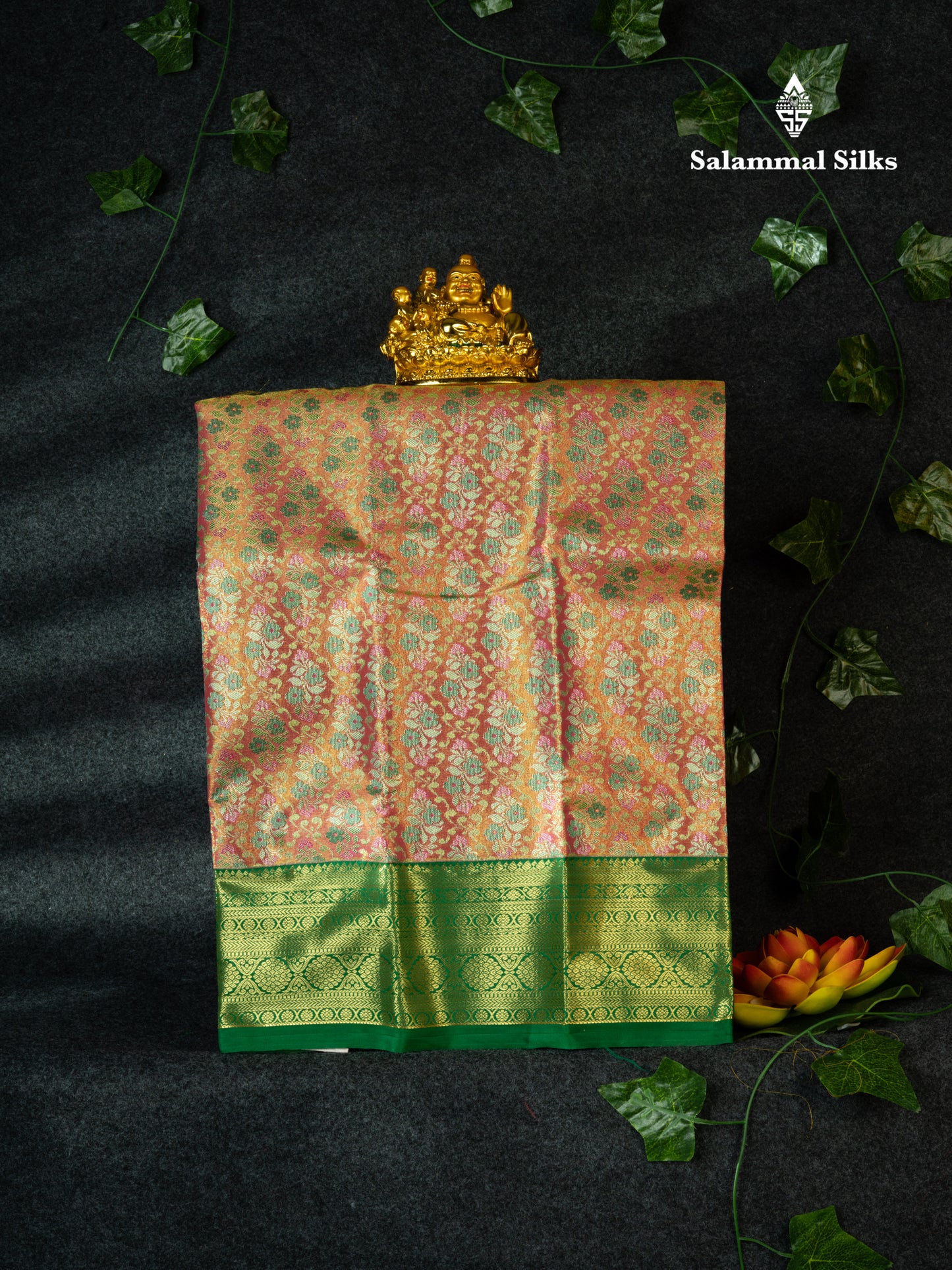 Semi Pattu Pavadai Tissue ( Orange ) With Green Blouse 18"