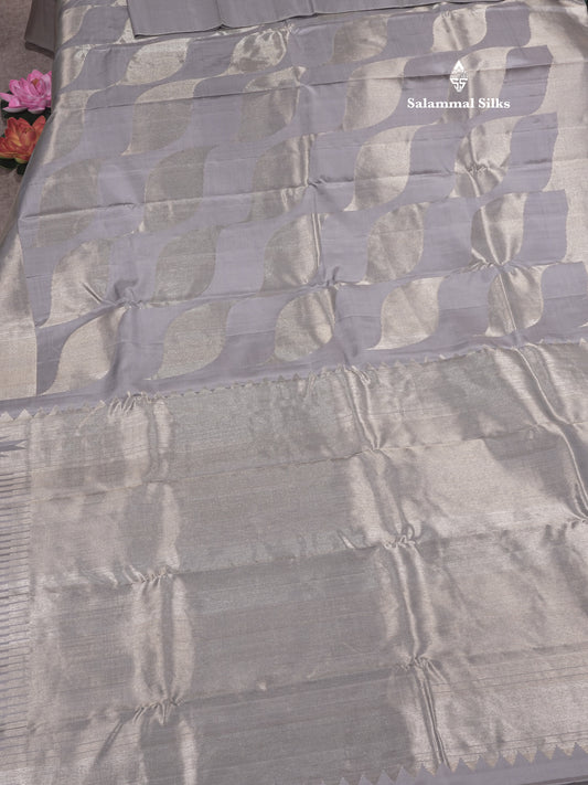 Bluish Grey Colour 8 Kol Kanjivaram Pure Silk Saree With Gold Zari Border
