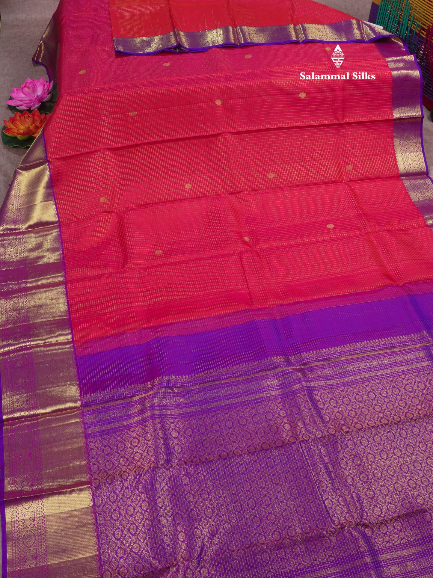 Kanjivaram Reddish Pink Pure Silk Saree With Contrast Violet Traditional Border