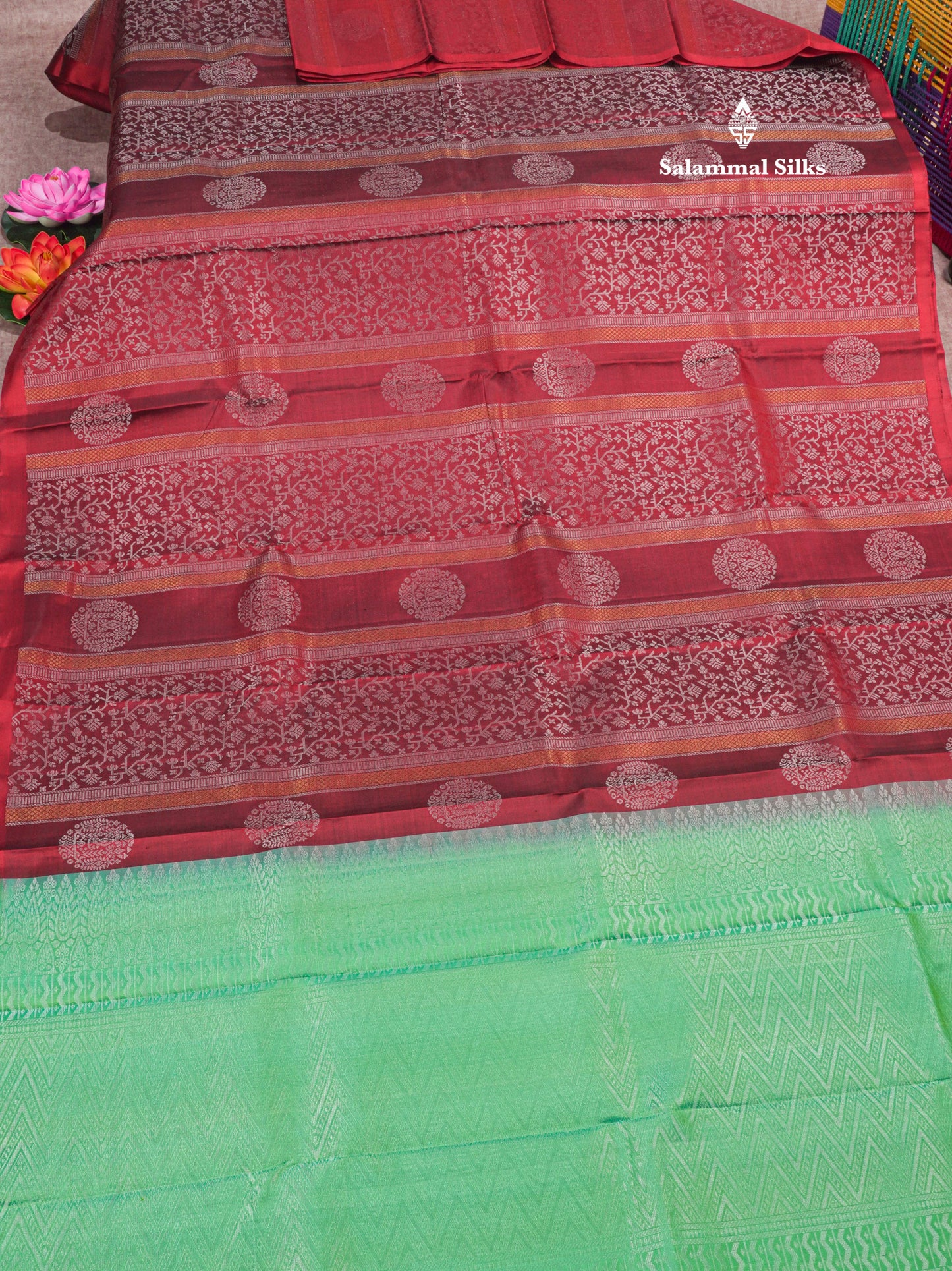 Kanjivaram Beautiful Maroon Fancy Pure Silk Saree With Contrast Rexona Green Blouse