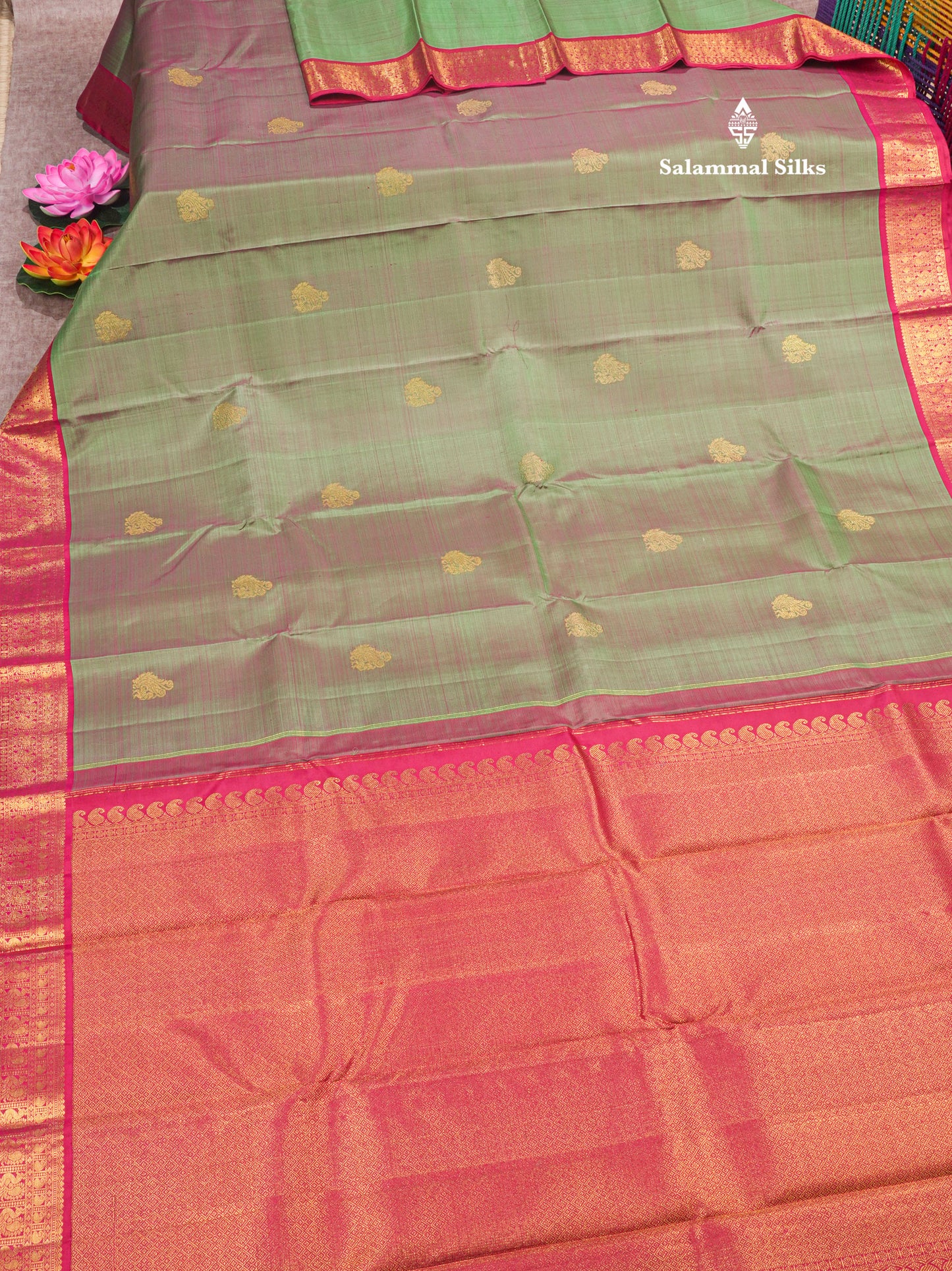 Kanjivaram Beautiful Olive Green Colour Pure Silk Saree Traditional Magenta Border