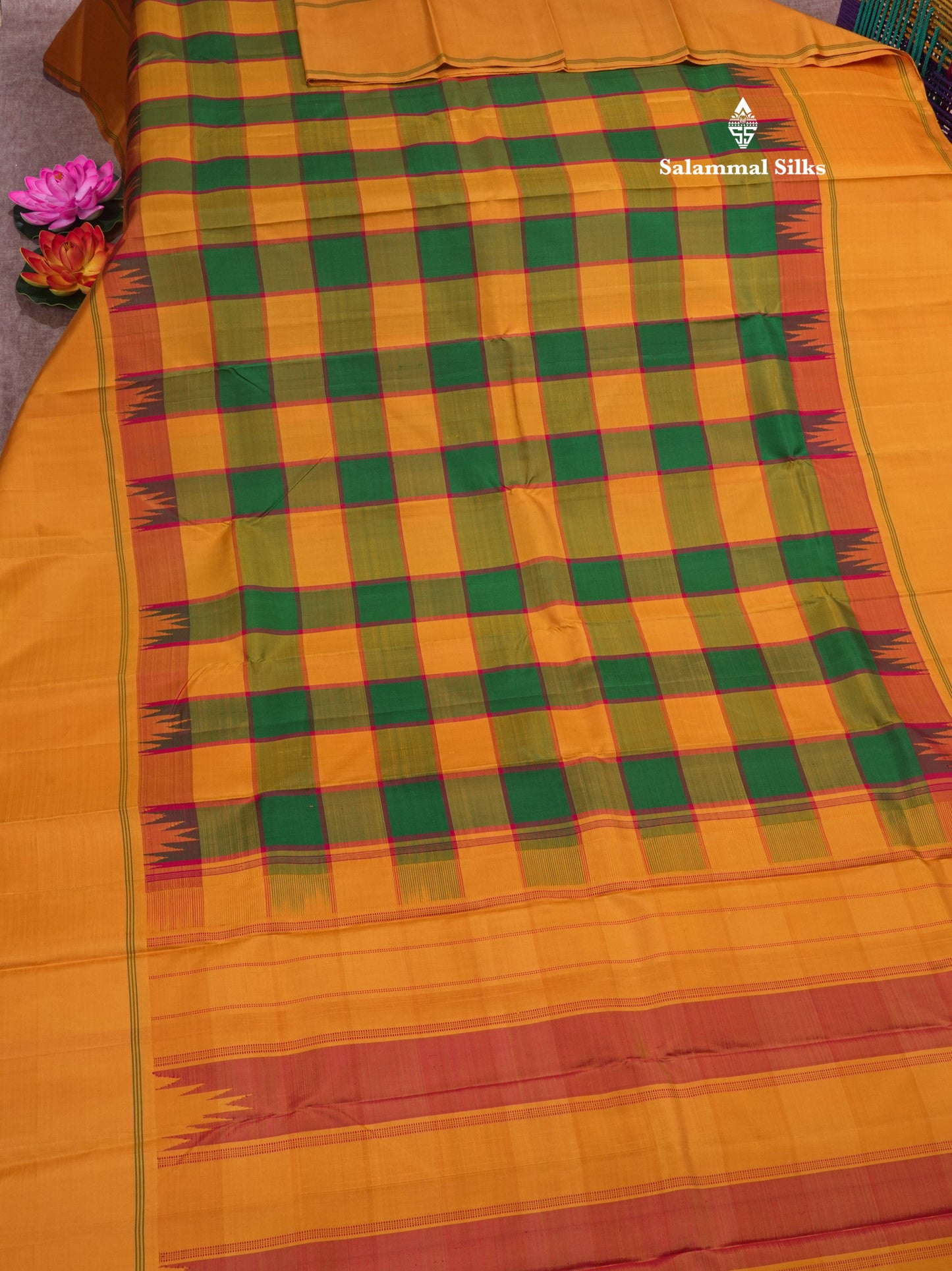 Kanjivaram Multicolour Paalum pazham Checks Pure Silk Saree with Traditional Temple Border