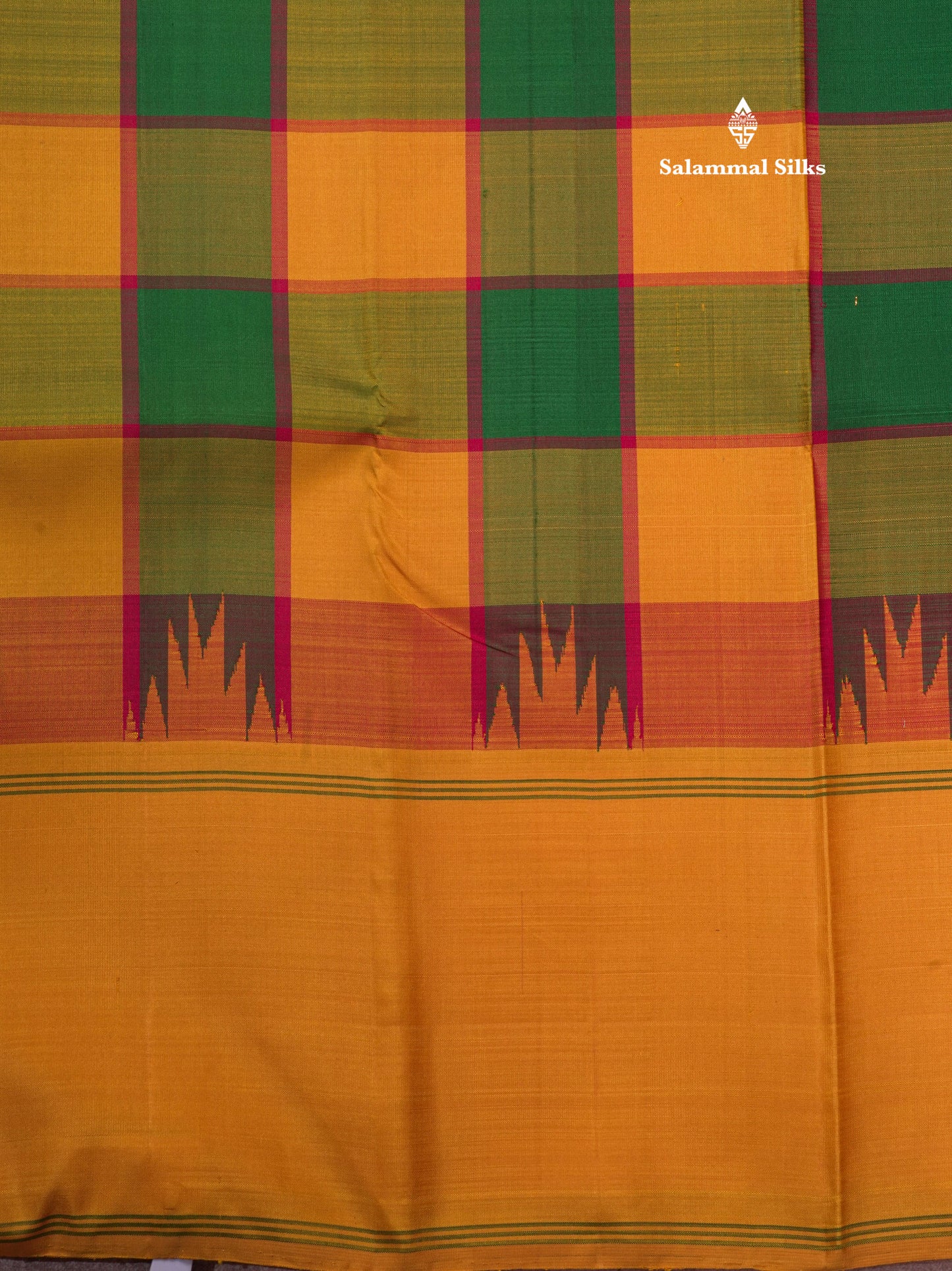 Kanjivaram Multicolour Paalum pazham Checks Pure Silk Saree with Traditional Temple Border