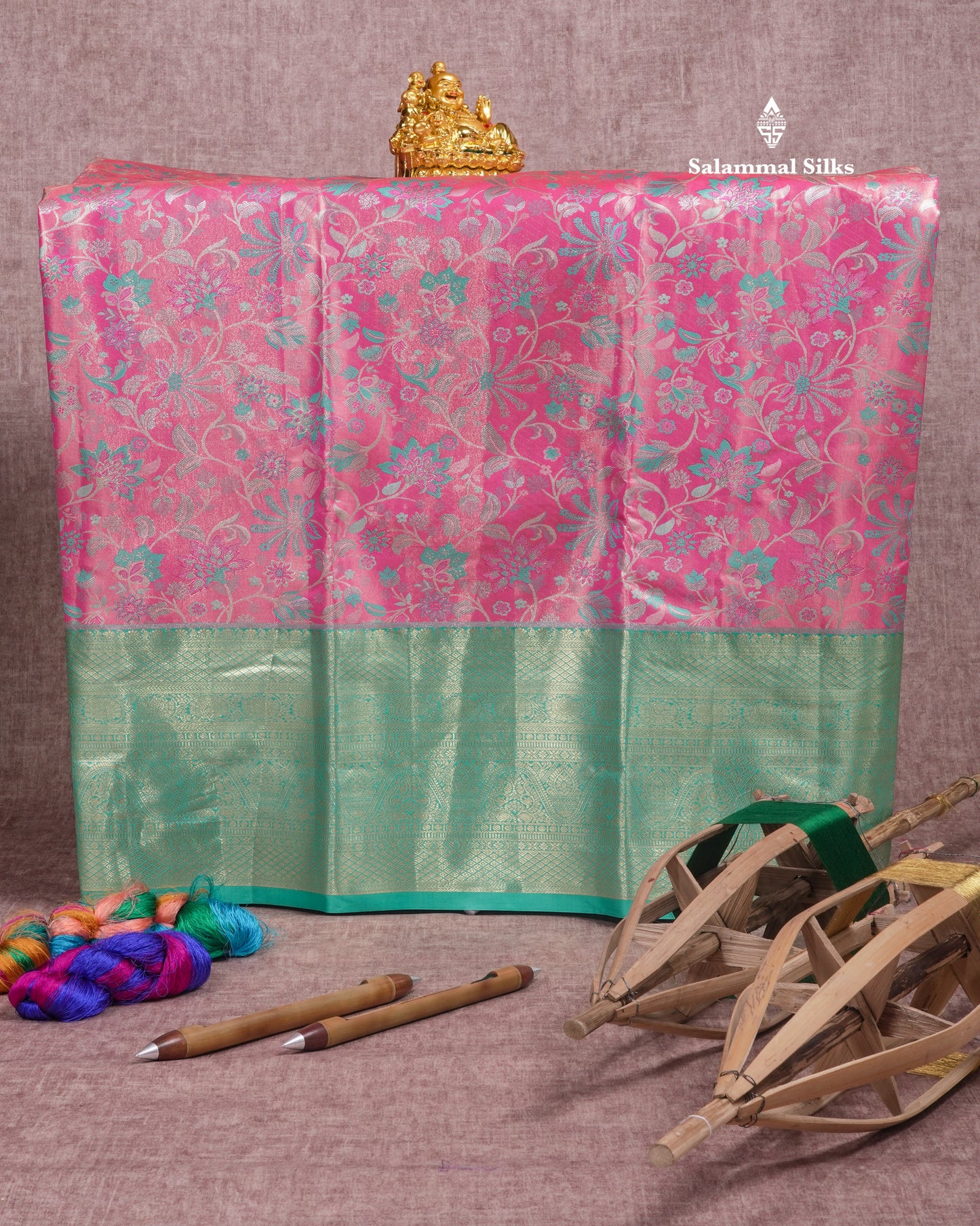 Semi Silk Pattu Pavadai (Light Pink Tissue) With Saffire Green Blouse 45"