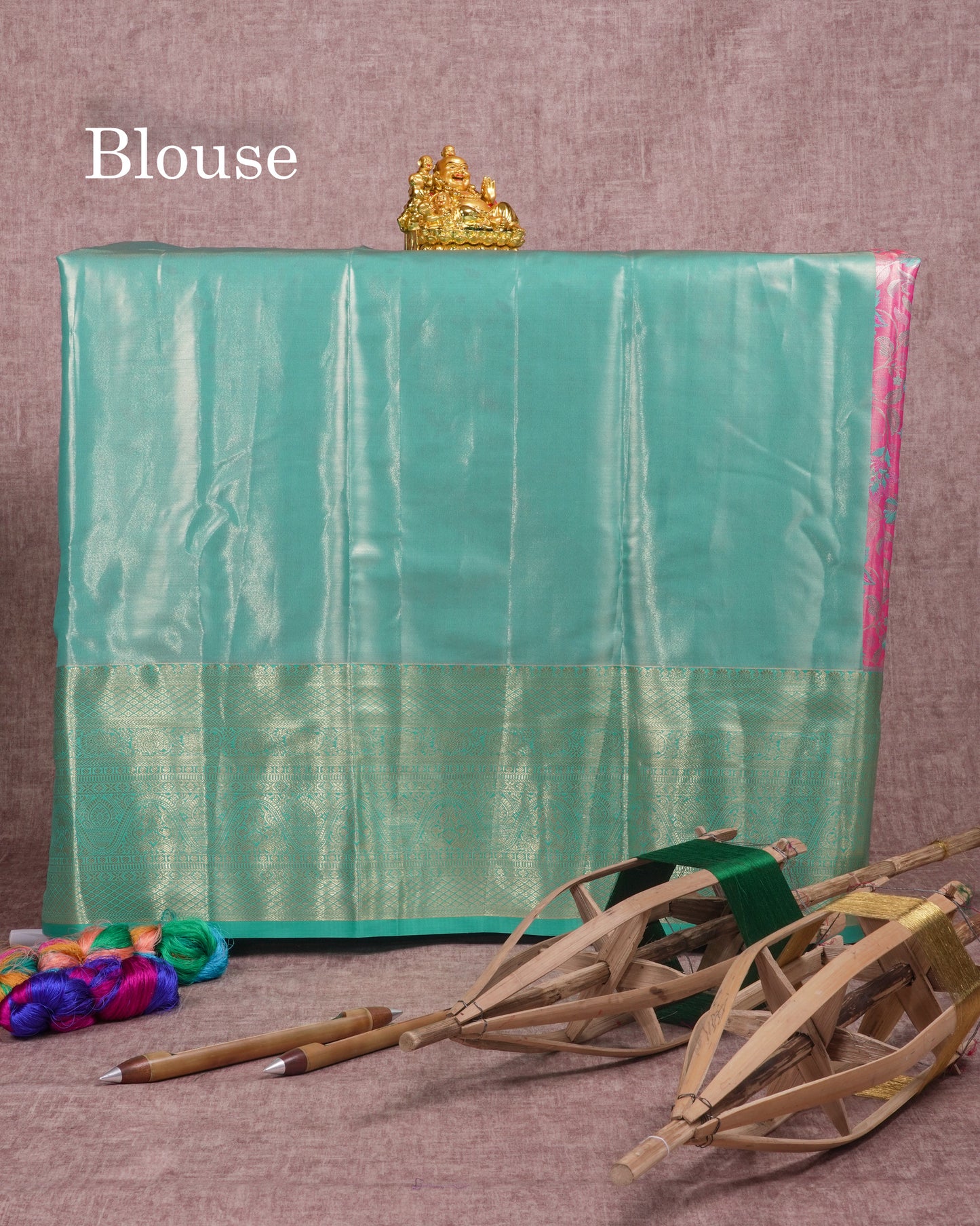 Semi Silk Pattu Pavadai (Light Pink Tissue) With Saffire Green Blouse 45"