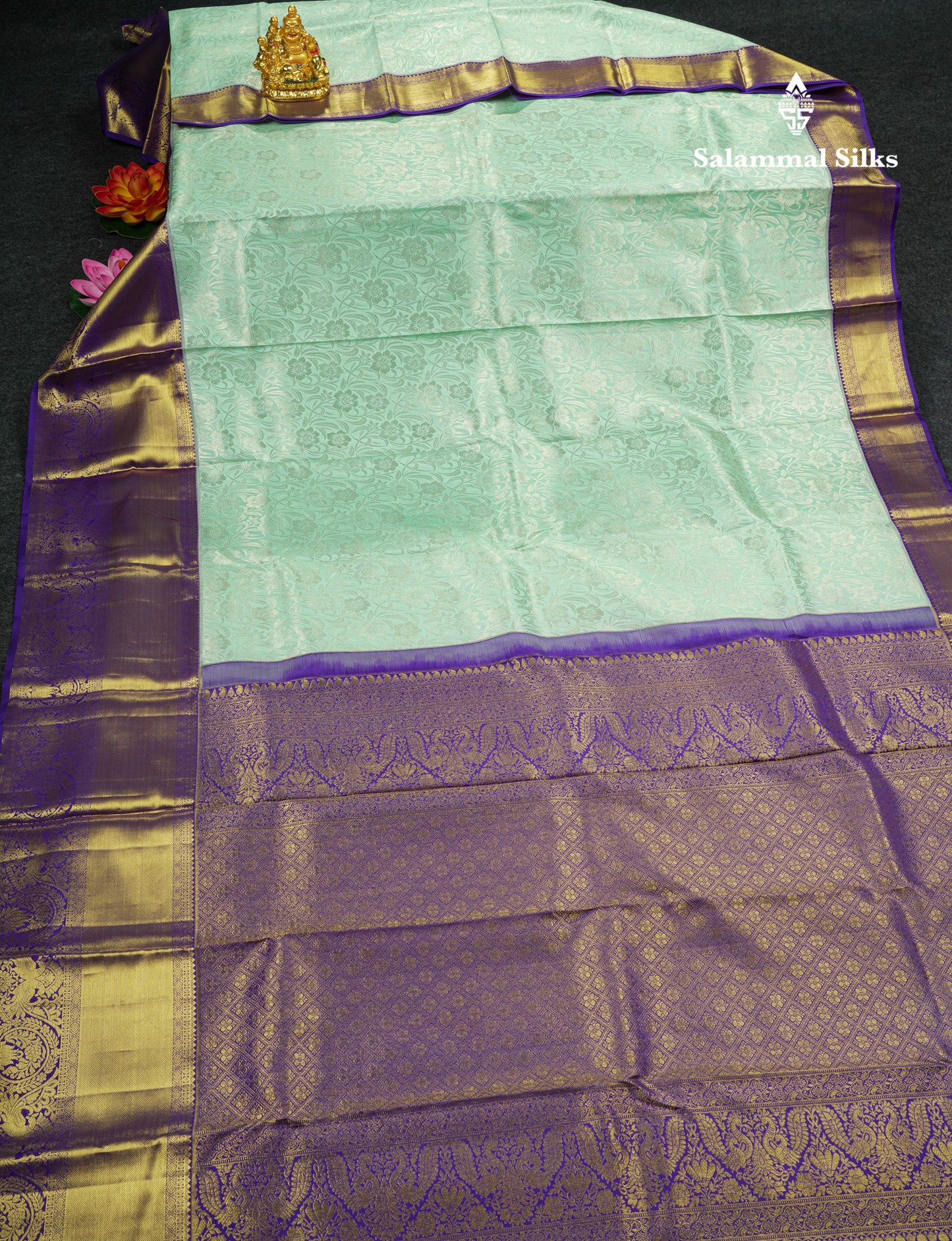 Kanjivaram Ice Blue Exclusive Bridal Silk Saree With Violet Blouse