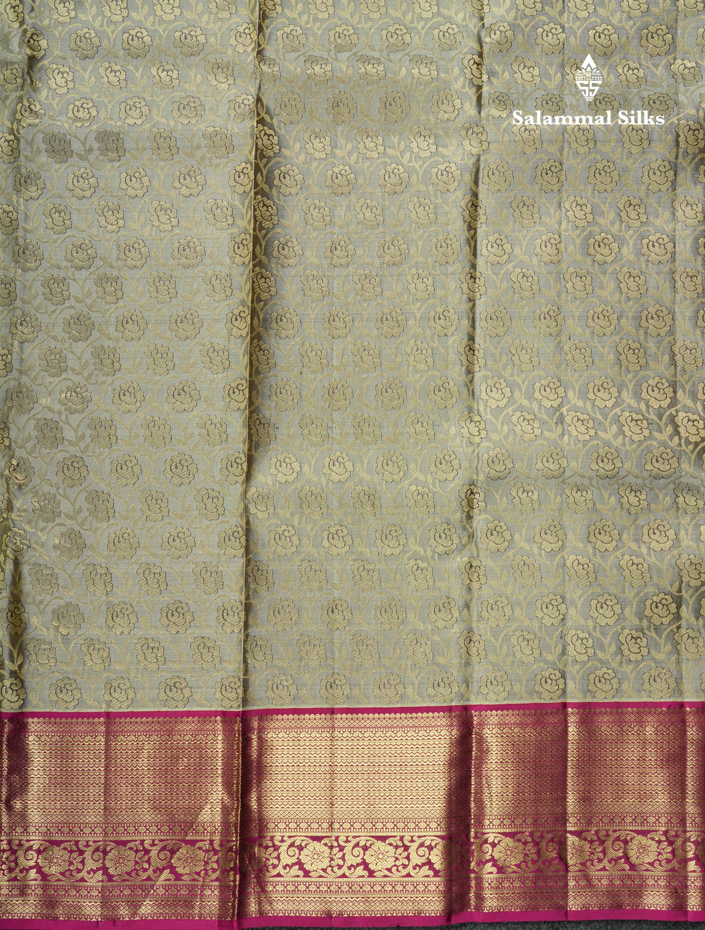 Light Grey Bridal Pure Kanjivaram Silk Saree With Contrast Magenta Border