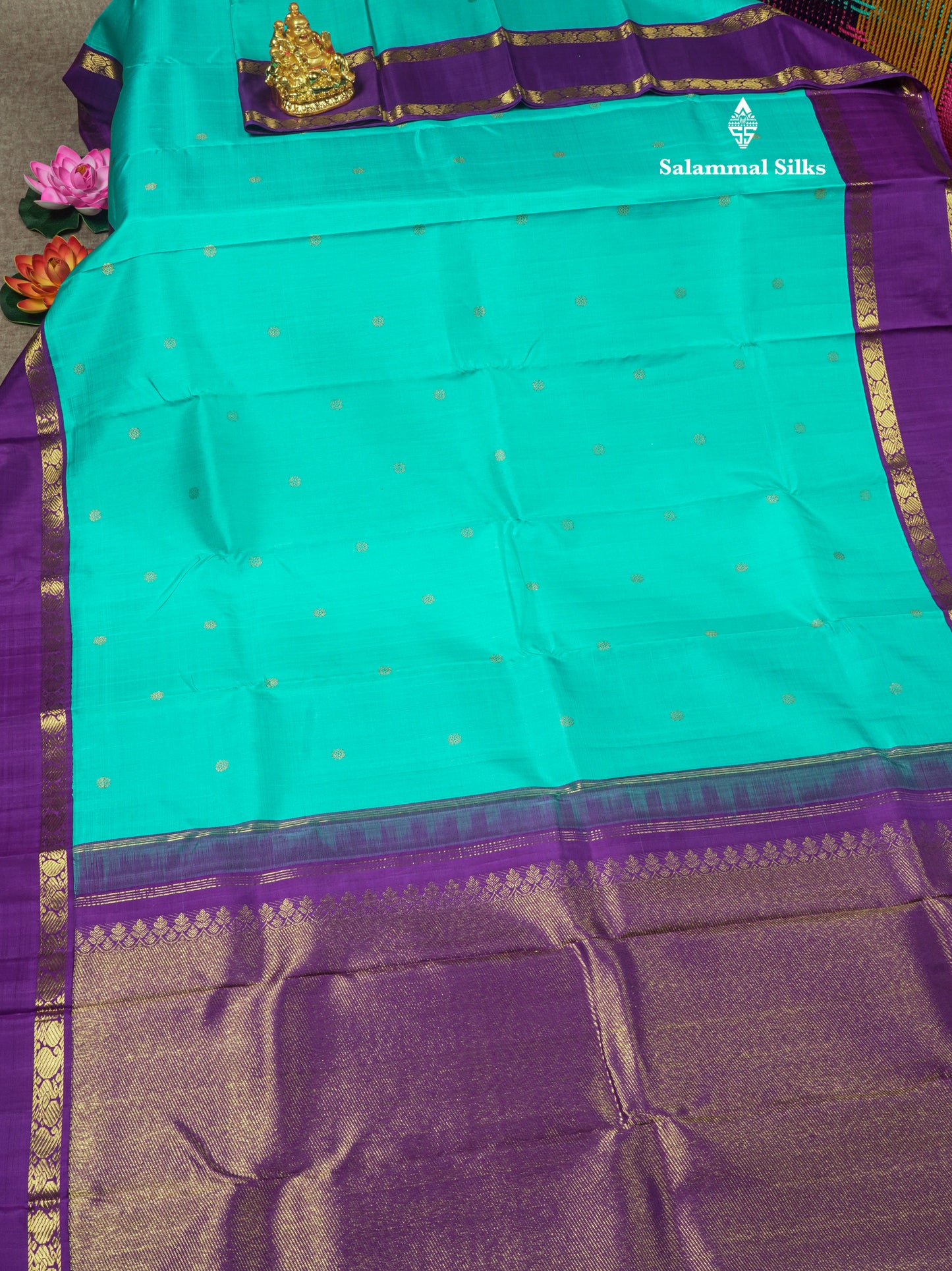 Kanjivaram Beautiful Sapphire Green Pure Silk Saree With Contrast Violet Traditional Gap Border