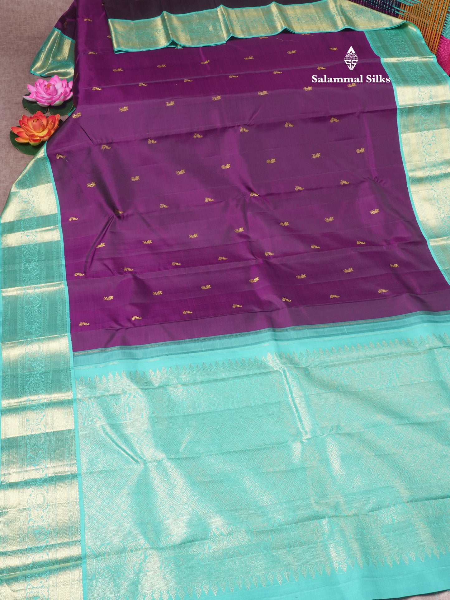 Kanjivaram Beautiful Violet Pure Silk Saree With Contrast Rexona Green Korvai Border