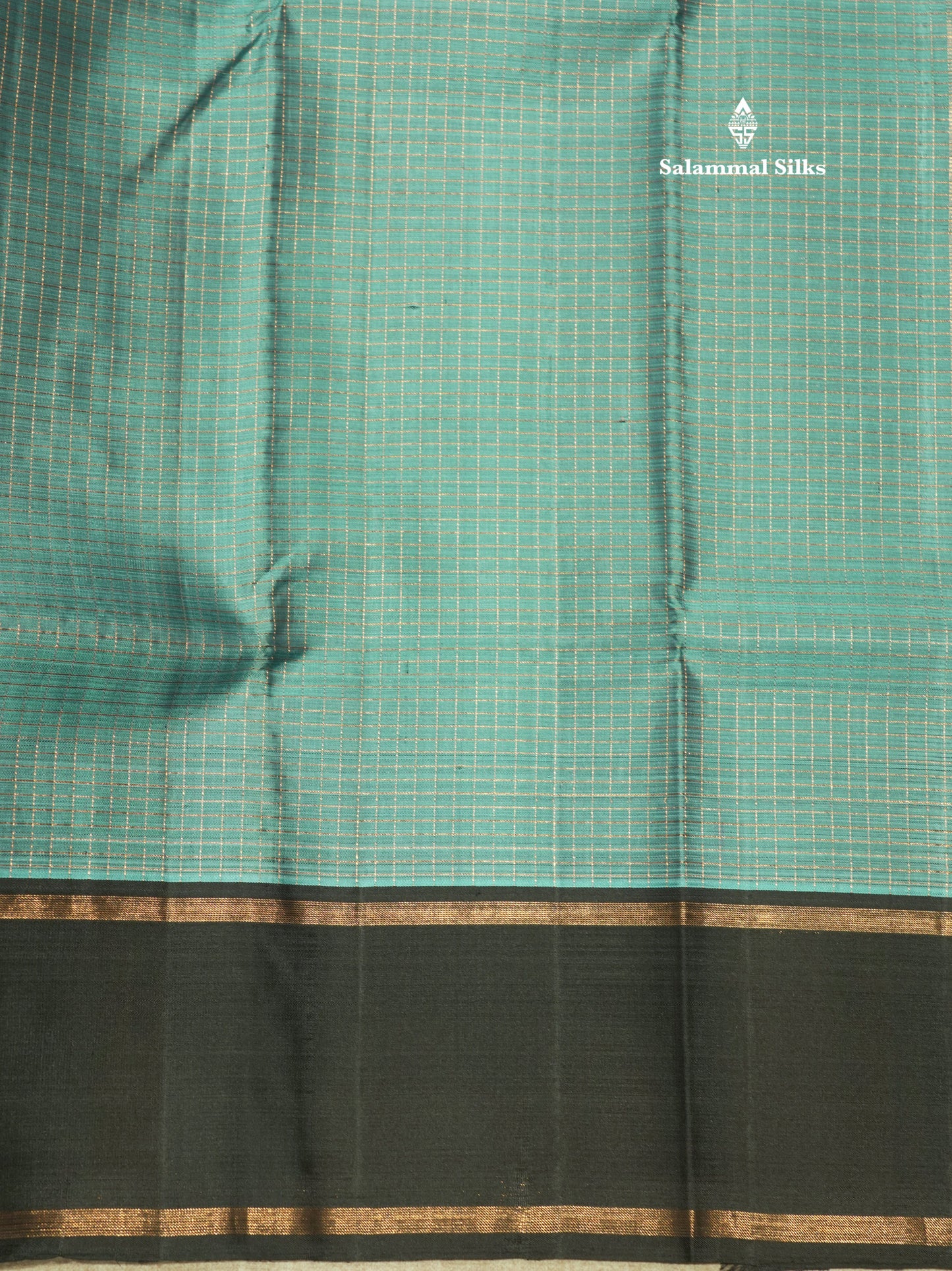 Sea Blue Tiny Zari Checks Kanjivaram Pure Silk Saree With Contrast Black Gap Border
