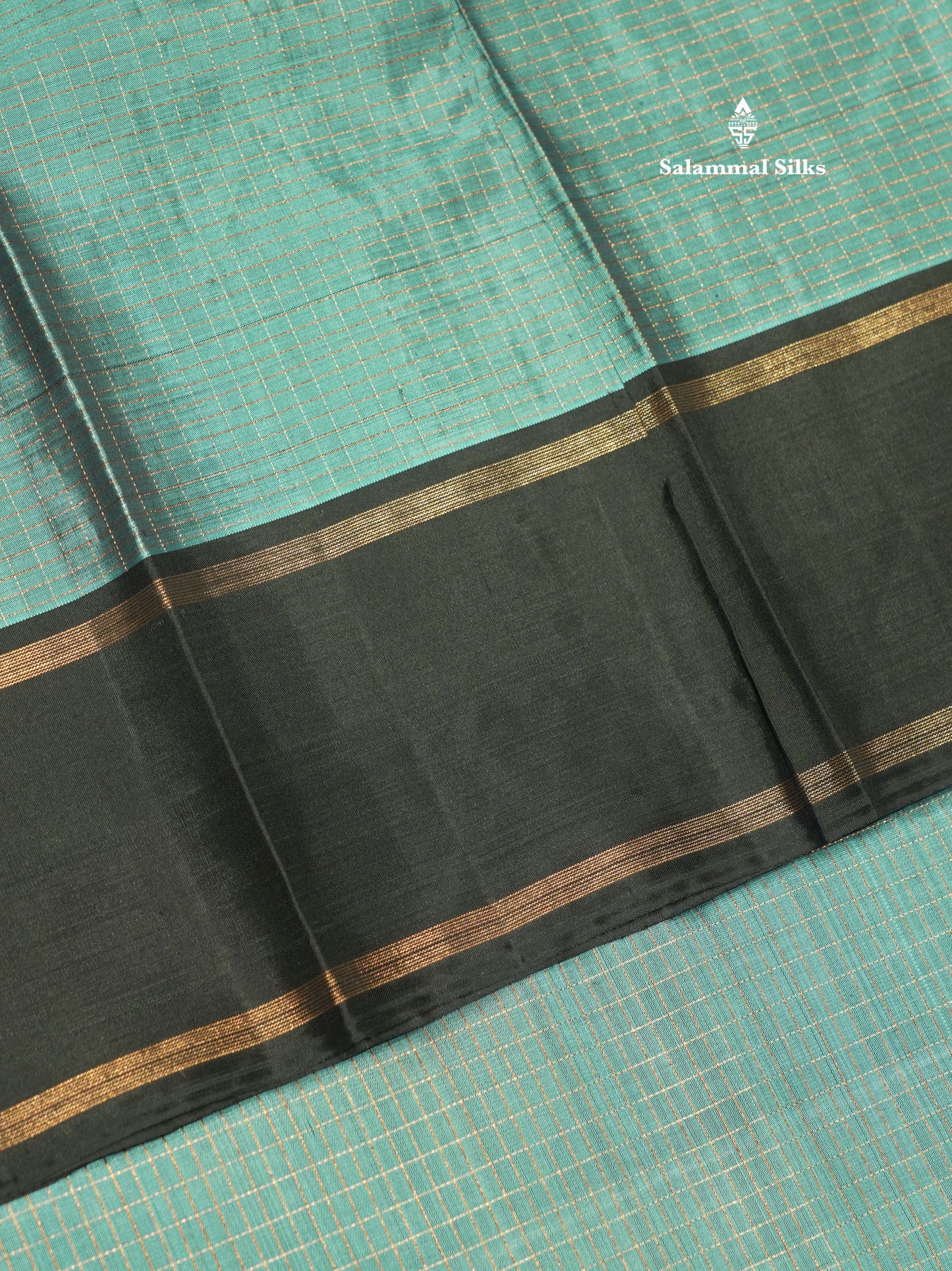 Sea Blue Tiny Zari Checks Kanjivaram Pure Silk Saree With Contrast Black Gap Border
