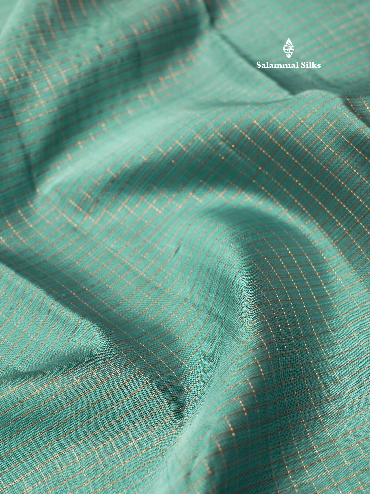 Sea Blue Tiny Zari Checks Kanjivaram Pure Silk Saree With Contrast Black Gap Border