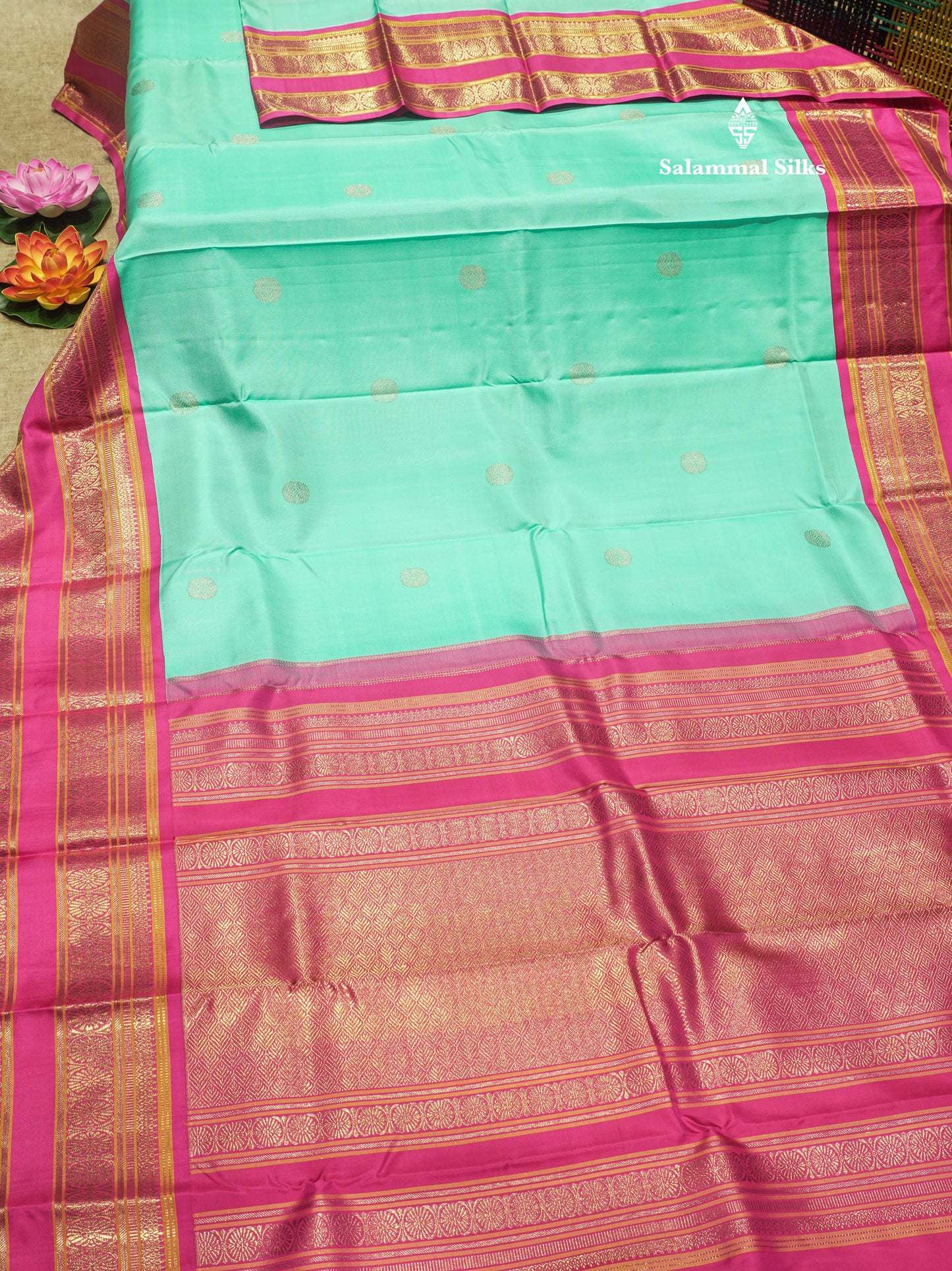Kanjivaram Beautiful Sapphire Blue Pure Silk Saree With Contrast Pink Korvai Long Border