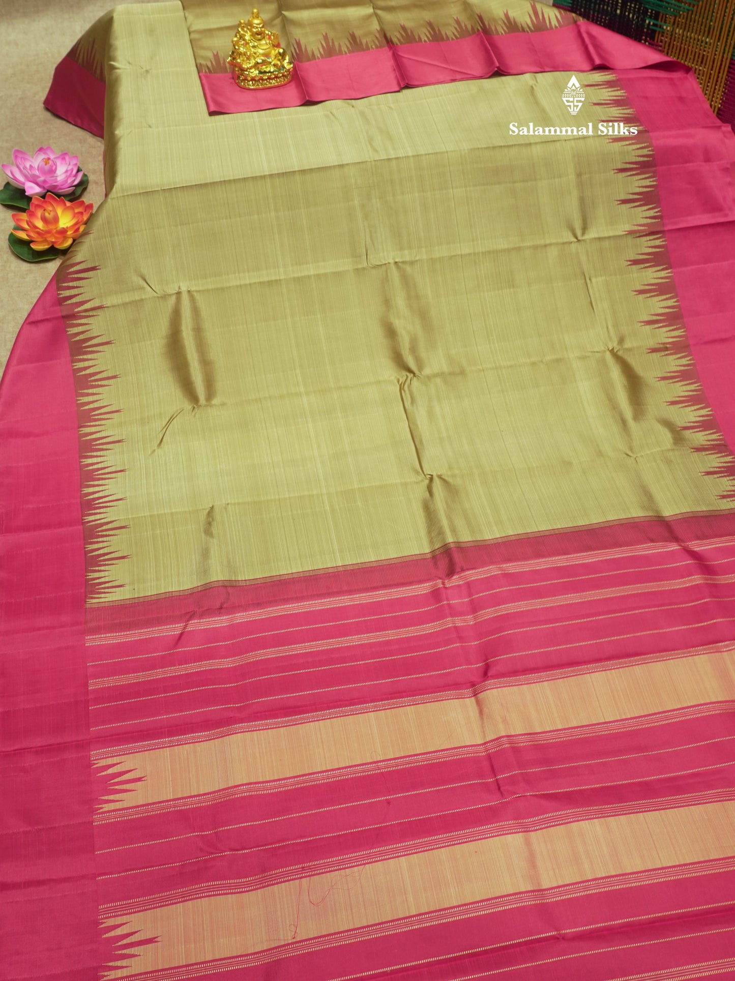 Kanjivaram Light Brown Plain Pure Kanjivaram Silk Saree With Traditional Temple Border