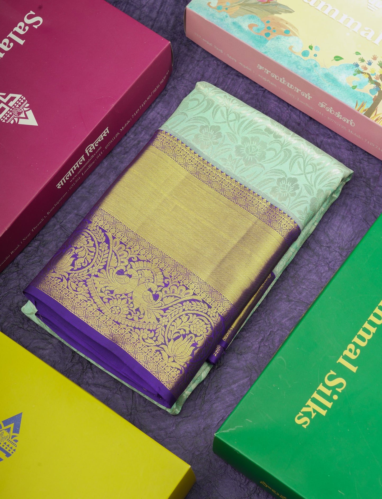 Kanjivaram Ice Blue Exclusive Bridal Silk Saree With Violet Blouse
