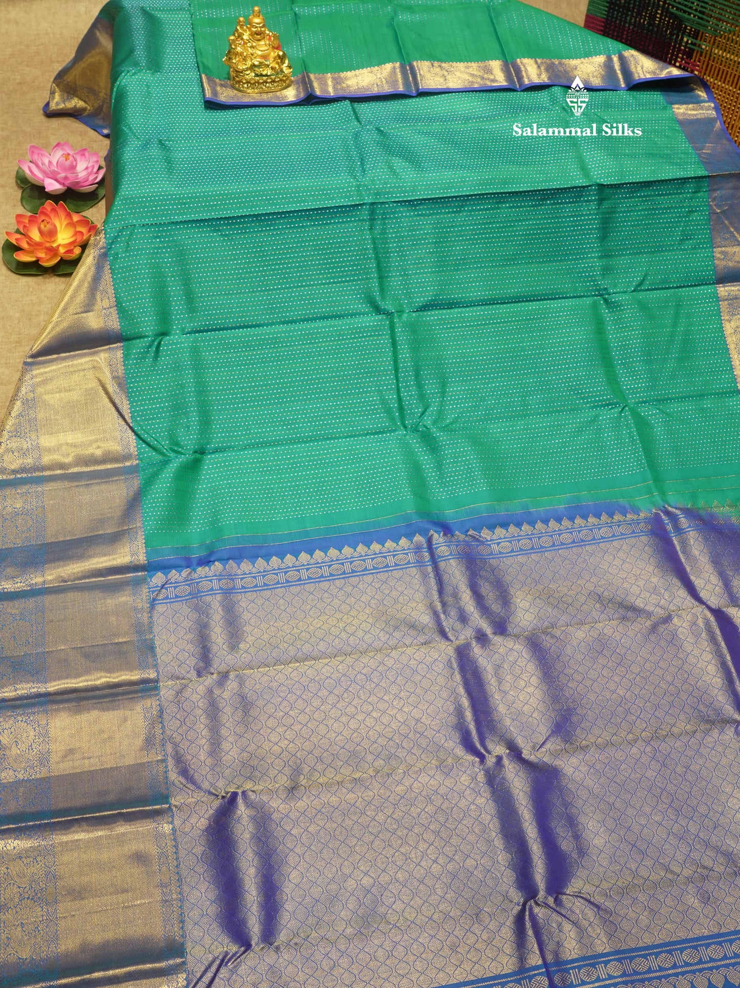 Kanjivaram Peacock Blue Pure Silk Saree With Royal Blue Long Border