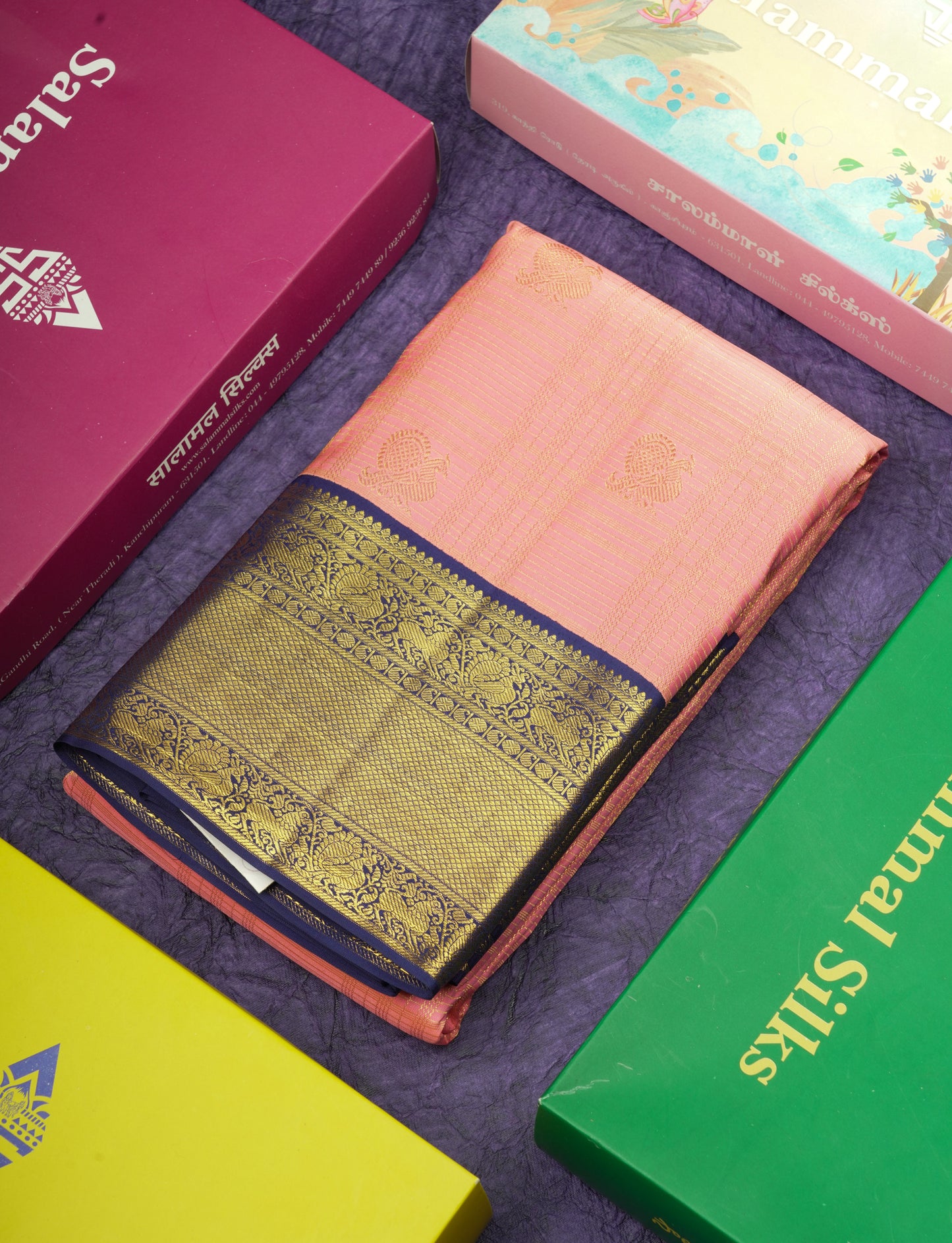 Kanjivaram Korvai Traditional Checks Baby Pink Silk Saree With Violet Border