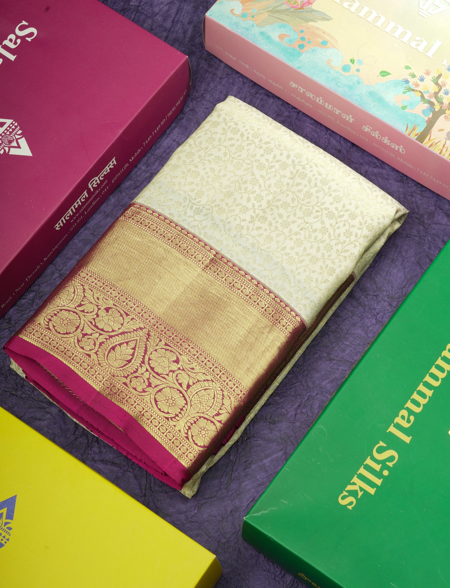 Kanjivaram Half White Bridal Pure Silk Saree With Magenta Border