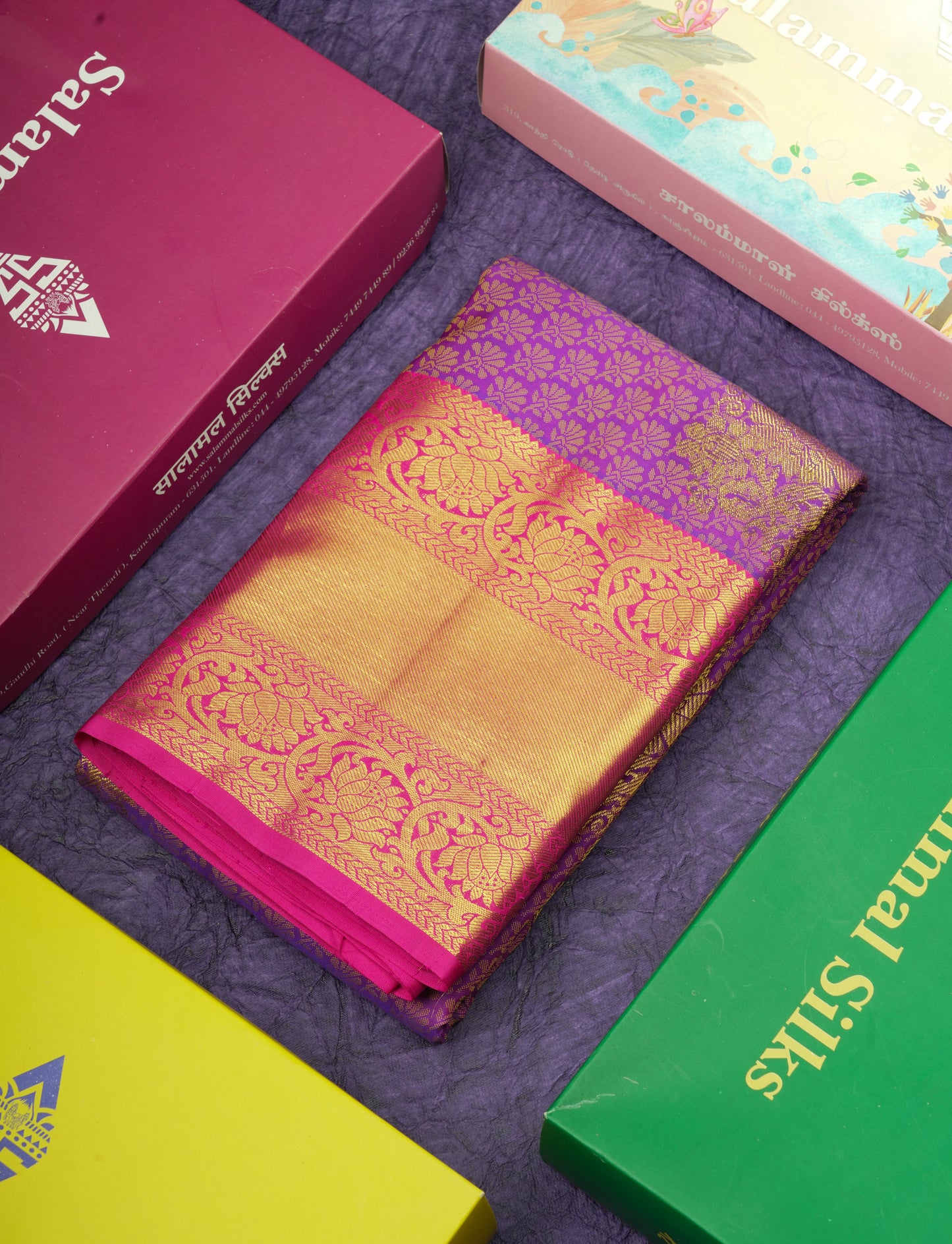 Kanjivaram Violet Pure Silk Jacquard Saree With Pink Blouse