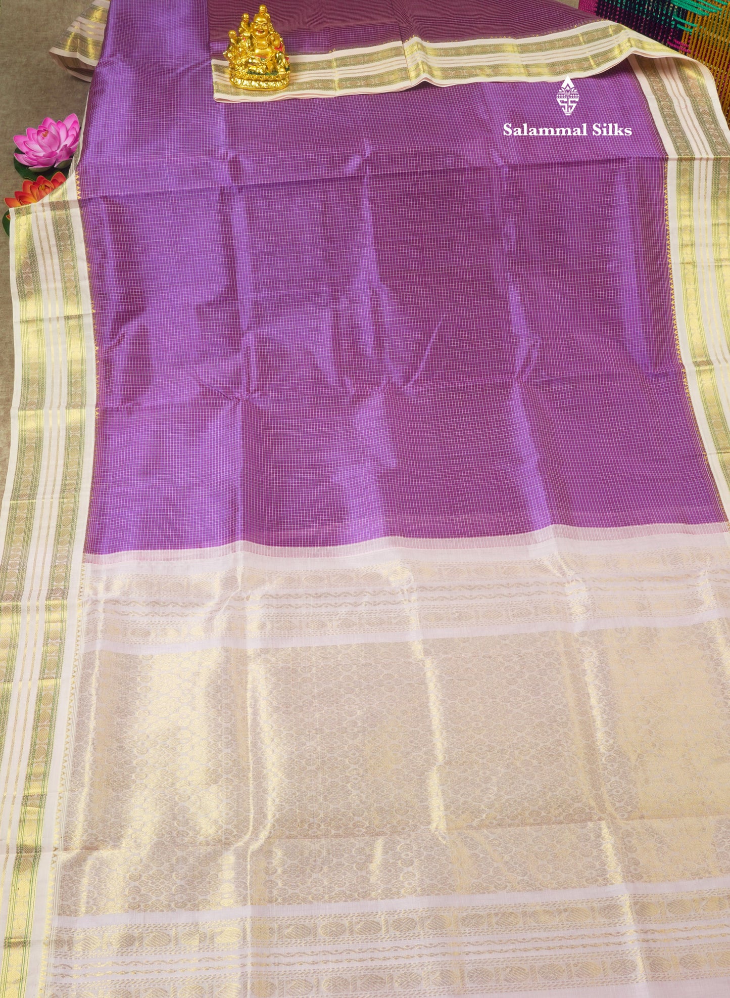 Pastel Violet Tiny Checks Pure Silk Cotton Saree With Contrast Light Pink Traditional Border